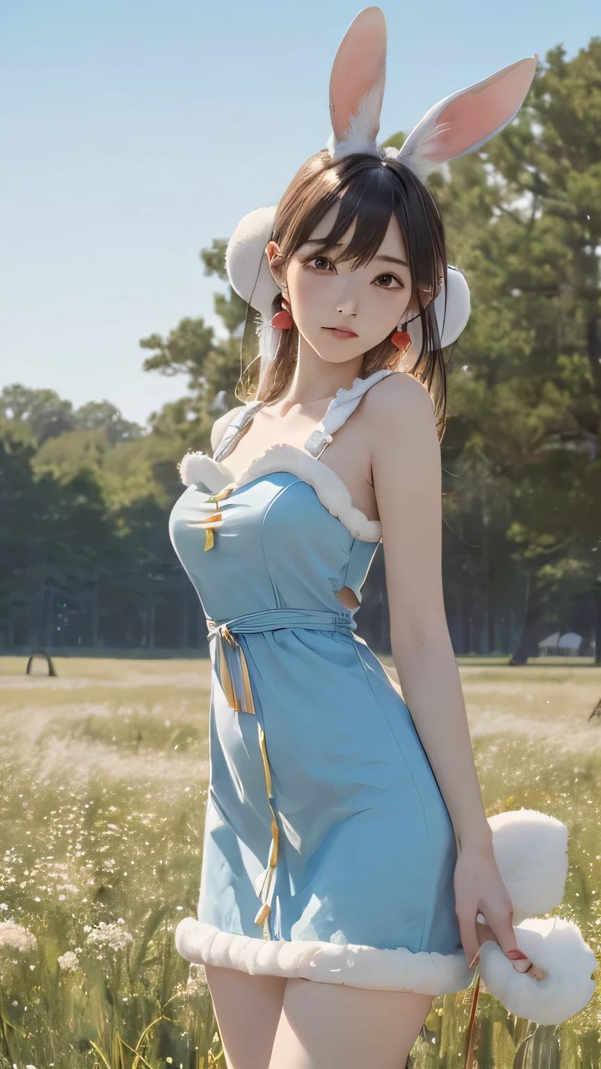 (((Masterpiece))),((top quality)),one beautiful Japanese girl,Pale, (An anthropomorphic rabbit character: 1.5), (rabbit's long floppy ears:1.5)、(((Round tail:1.5)))、(belly button)、(fluffy dress:1.5),(plain clothes), (skin revealing),(The background is grassland 1.5).(((from the front:1.5)))、(straight front: 1.5)、(((drooping ears:1.5)))