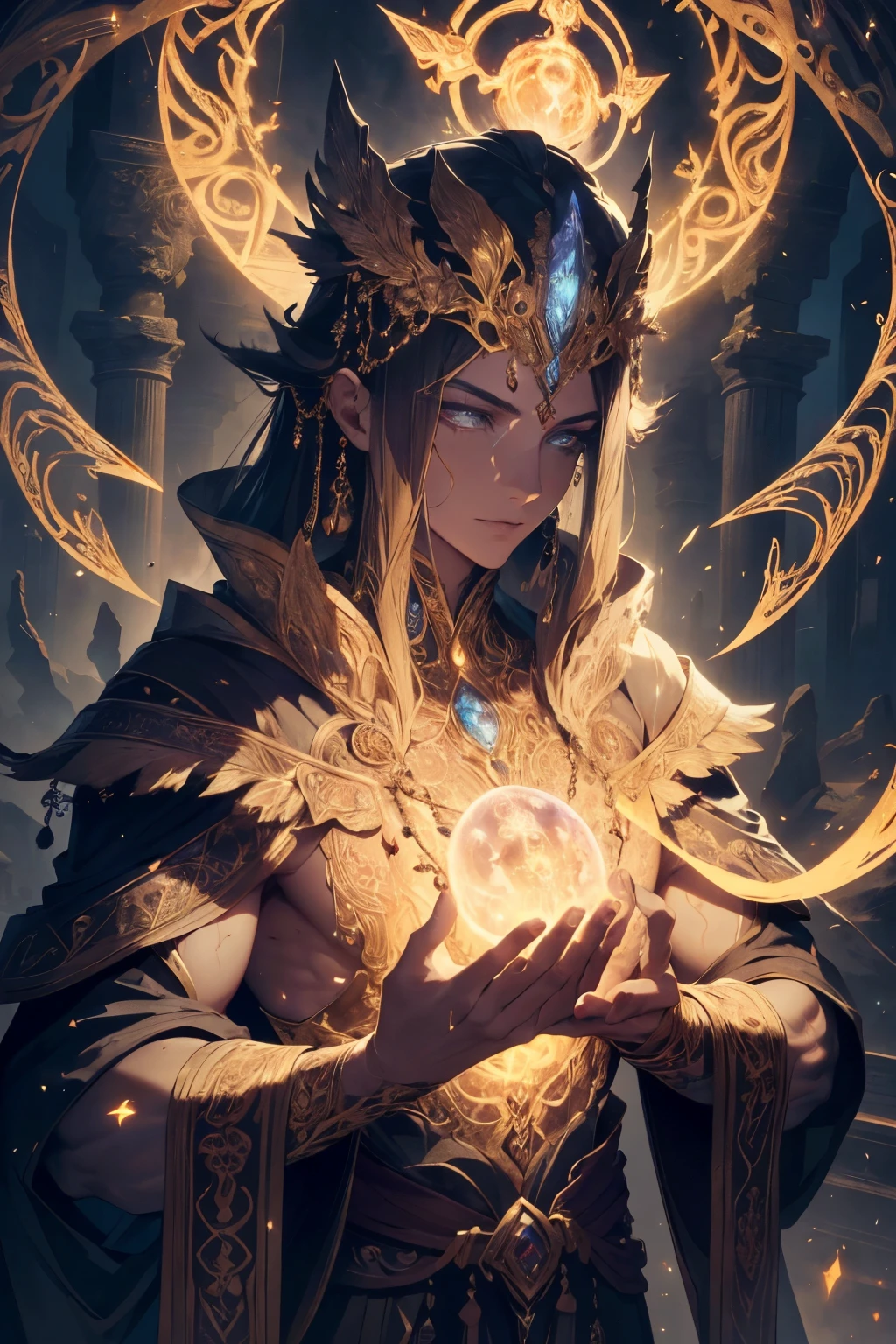 A powerful immortal cultivator, radiant with energy and reserves of spiritual power, exquisite facial features carved with wisdom and determination, tall and muscular build, clad in ancient robes worn with pride, golden aura emanating from the body, holding a mystic artifact in hand, emanating an aura of invincibility, Top Photography Masters Award-Winning Works, Light particles surround, a high resolution, luxury goods, detail-rich, wise and experienced, profound knowledge, deep-set gaze, strong jawline, an intricate web of veins visible underneath the translucent skin, intricately detailed clothing, intricate tattoos depicting mystical symbols, standing on