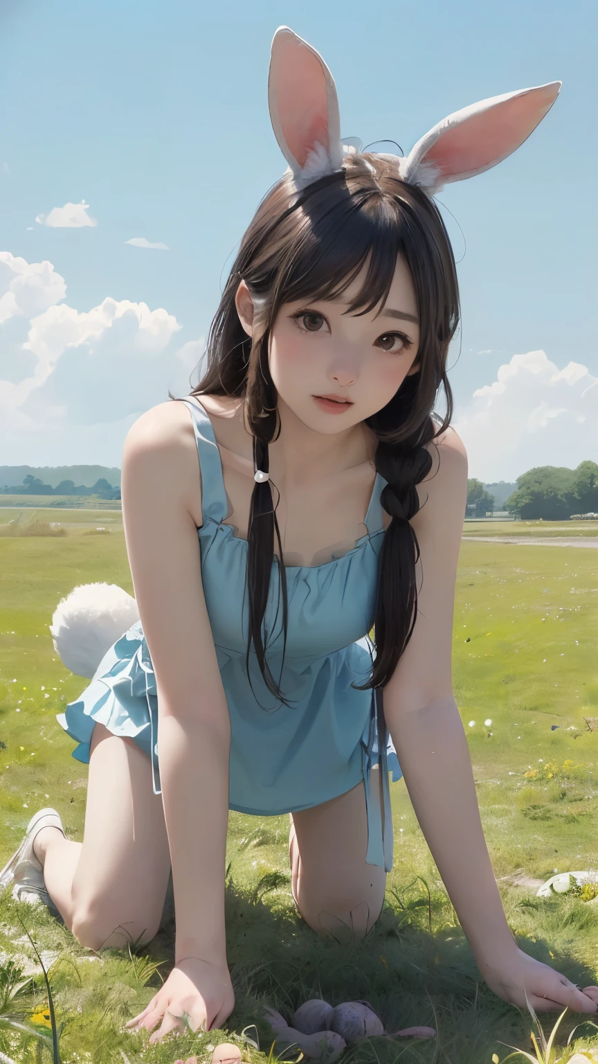 1 menina de 5 anos, ((nua, Nudes, pelada,)) blue hair in overalls, on all fours on the floor looking at the camera angle closely,Cabelo pigtails, seios de fora, na praia ensolarado,8K Ultra realista