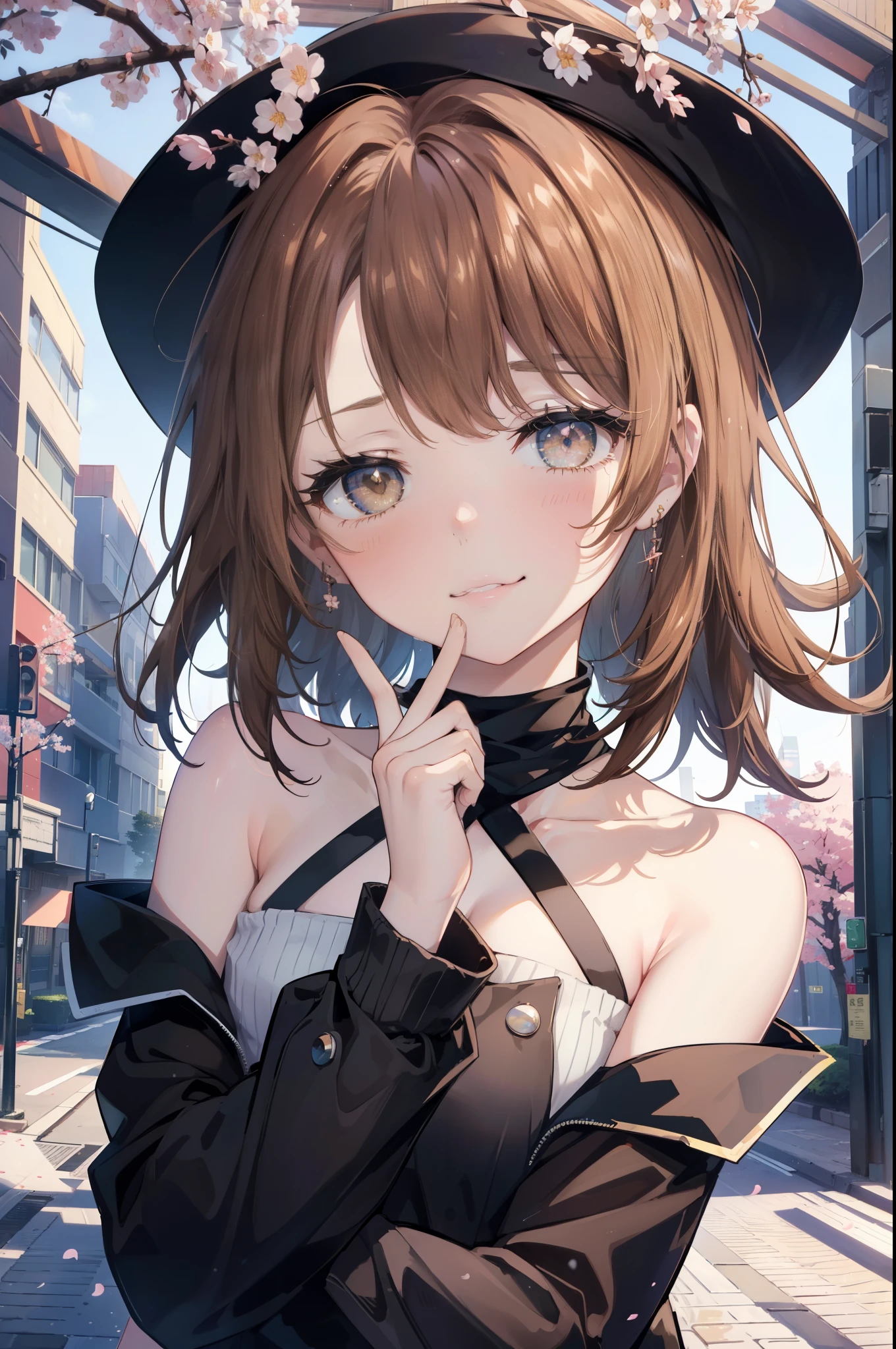 irohaisshiki, iroha isshiki, long hair, brown hair, (brown eyes:1.5), happy smile, smile, open your mouth,Put your hand over your mouth and make a peace sign,towards the camera,off shoulder sweater,bare shoulders,bare clavicle,naked neck,black long skirt,black tights,short boots,cherry blossoms are blooming,Cherry blossoms are scattered,
break indoors, Cherry blossom tree-lined path,
break looking at viewer,Upper body,
break (masterpiece:1.2), highest quality, High resolution, unity 8k wallpaper, (shape:0.8), (fine and beautiful eyes:1.6), highly detailed face, perfect lighting, Very detailed CG, (perfect hands, perfect anatomy),