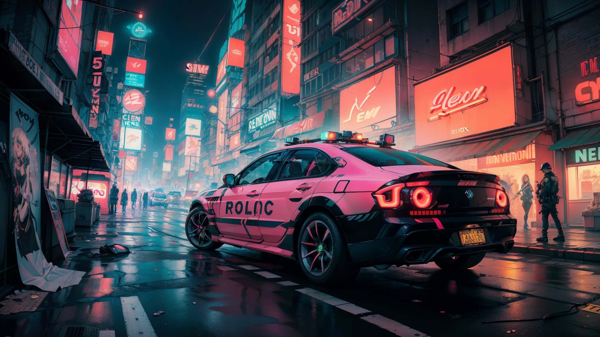 Masterpiece, best quality, super detailed, 1girl, a fullbody, a landscape, cyberpunk, city, street, (((advertising banners))), (crime scene, Police, detective), (neon:1.4), (skyscrapers)