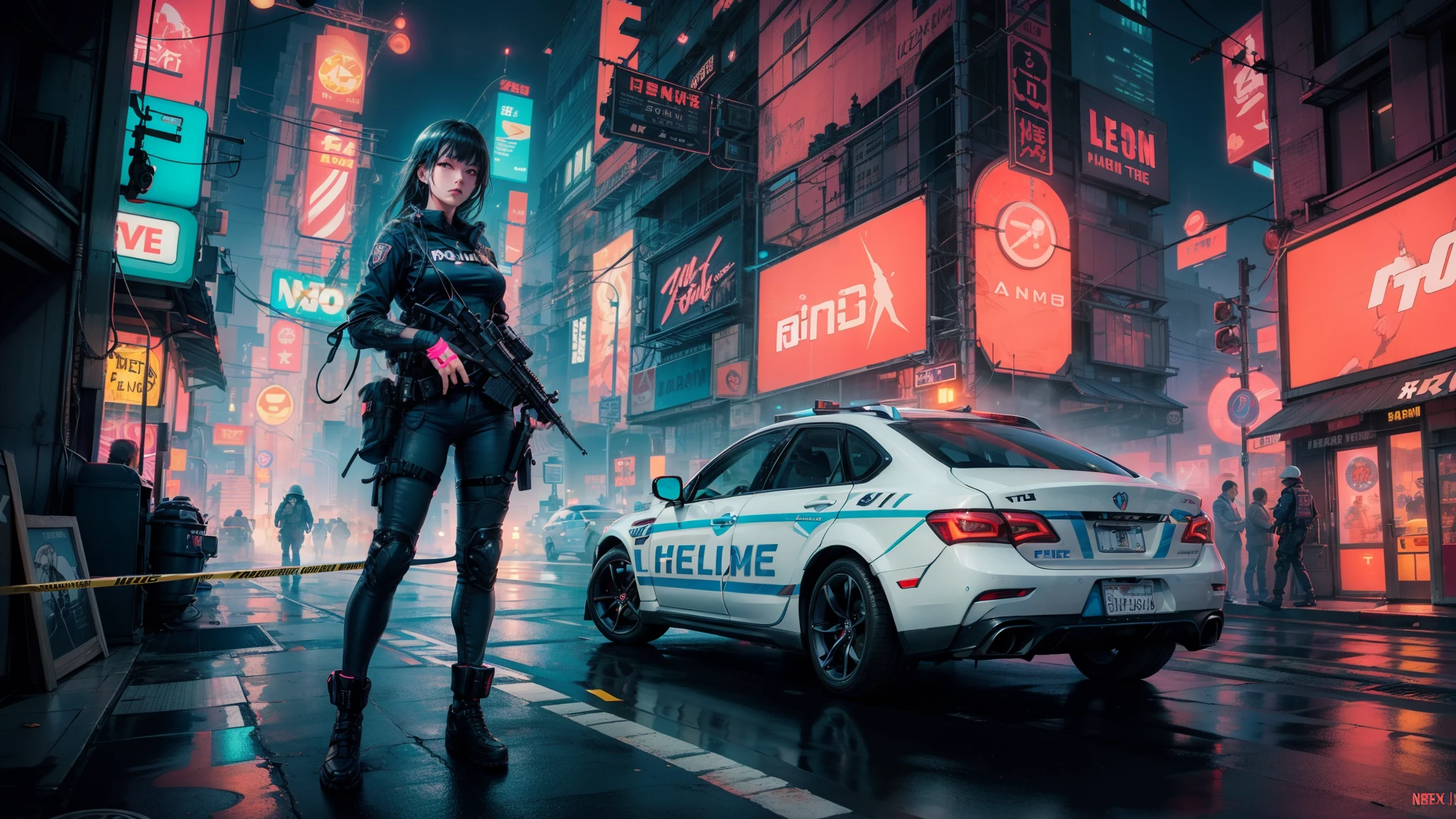 Masterpiece, best quality, super detailed, 1girl, a fullbody, a landscape, cyberpunk, city, street, (((advertising banners))), (crime scene, Police, detective), (neon:1.4), (skyscrapers)