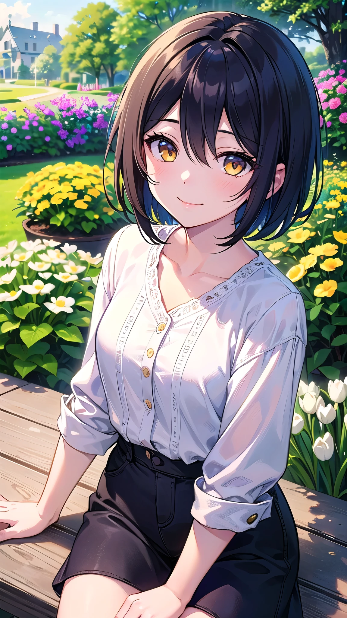 (masterpiece), (highest quality), (Super detailed), (beautiful illustrations), (pretty girl), 1 girl, black hair, short hair, bangs, hair between eyes, beautiful hair, かき上げたbangs, yellow eyes, shining eyes, 16 years old, spring casual clothes, smile, sunny, garden,