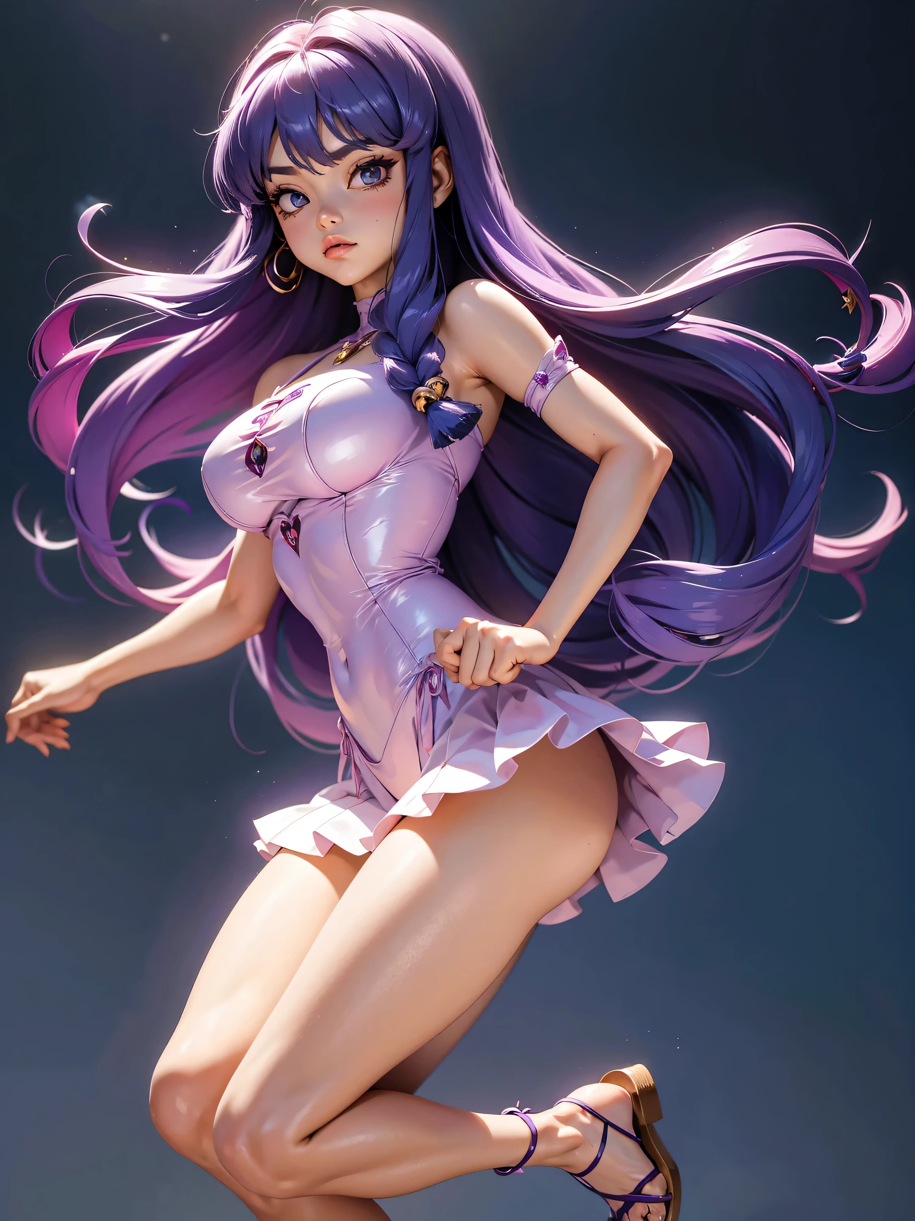 Garota anime de cabelo purple com saia vestido longo purple meio transparente e espartilho, , corpo bonito, seios grandes, com hand in panties , hand in purple hair, Garota sexy, purple hair, mechas de cabelo laterais, mechas de cabelo na lateral do rosto, beautiful lighting, sombras suaves, olhos azuis, pernas bonitas, cabelo longo roxo, estilo anime, personagem Shampoo Chan, Autora Rumiko Takahashi, Baseado em obra de Rumiko Takahashi, Anime Ranma 1/ 2, decote sexy, quadril robusto, corpo inteiro, corpo inteiro, busto grande, garota jovem com corpo belo e bonito, sandals on his feet, garota 16 anos usando saia e corset pink e purple meio transparente, garota anime, estilo anime, beautiful feet in sandals, front view angle, ao ar livre, peito grande, seios bonitos, cabelo purple, sandals on the feet, pernas bonitas, sexy, belas pernas, Sandalias, seios grandes, corpo completo, corpo inteiro, feet with sandals, anime realista, saia, sarja roxa, personagem realista sexy, straight standing posture, ao ar livre, calcinha pink, hand in panties, saia vestido com 50% de opacidade meio translucida, corpo ereto, sandalia fechada