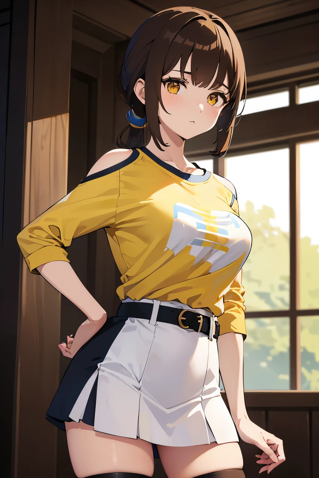 young woman, (white raglan t-shirt with blue shoulder length sleeves), (brown hair tied in a short ponytail), long strands of hair at the temples, yellow eyes, anime style, brown belt, ((T-shirt pulled up so that her breasts are completely bare)), white skirt with a blue line in the lower part, black stockings under the skirt