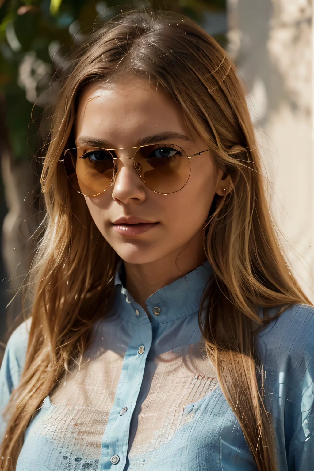 Create a visually compelling portrait of a young Danish woman with long blonde hair. She exudes confidence and sophistication, wearing a terracotta-hued shirt with a crisp collar that complements her light complexion. The main focus of the image is a pair of dramatic, oversized sunglasses that she holds with an elegant hand just in front of the camera. The large lenses of the sunglasses catch the light, and through them, we see her clear blue eyes and well-defined features. Her hair is sleek and straight, cascading gently over her shoulders, and the neutral-toned background ensures all attention is on her and the striking silhouette of the sunglasses. The lighting is soft, highlighting her youthful appearance and the glossy texture of her hair.