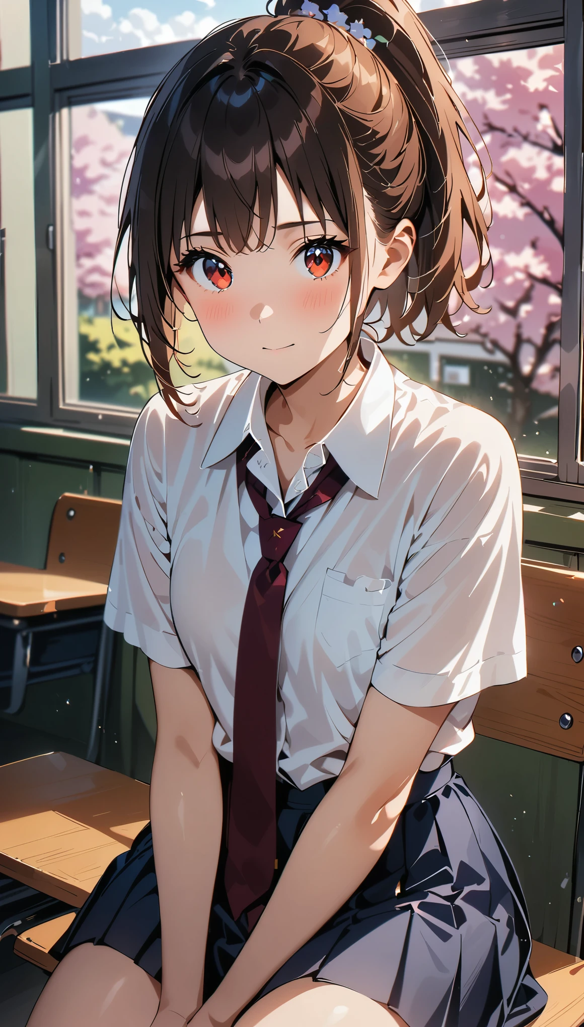 (masterpiece, highest quality:1.2), 1 girl, alone、(table top, highest quality:1.2), 8K, 18-year-old, 85mm, official art, Raw photo, absurd, white dress shirt, cute face, close, Upper body, viola lace, gardenia, beautiful girl, (dark red tie:1.1)、(navy pleated skirt:1.1), Cinch West, thighs, short sleeve, classroom, ponytail、short hair、short hair、sit on a bench seat, looking at the viewer, no makeup, (smile:0.4), film grain, chromatic aberration, sharp focus, face light, clear lighting, , detailed face, ((background bokeh,日本の学校のclassroom、classroom、cherry tree seen from the window))