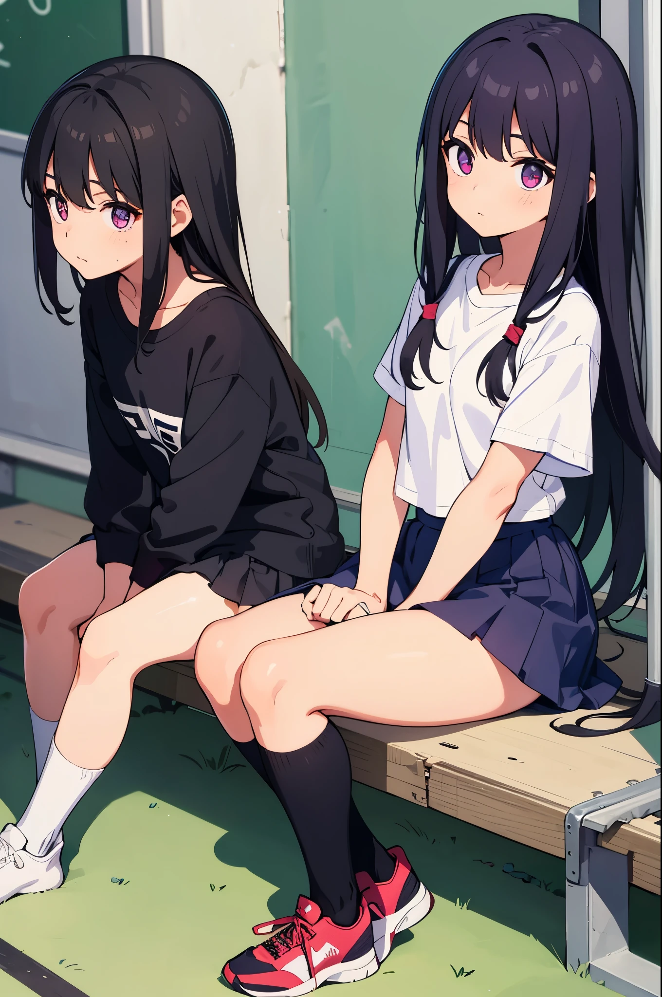 school gymnasium 8-year-old flat chest blhair g hair eyes are purple ((1 person)) Upper body black T-shirt Lower body white miniskirt((White panties are visible)) black socks sneakers sitting against the wall of the gymnasium sit with your knees up I can see white panties dynamic angle Low angle from the front