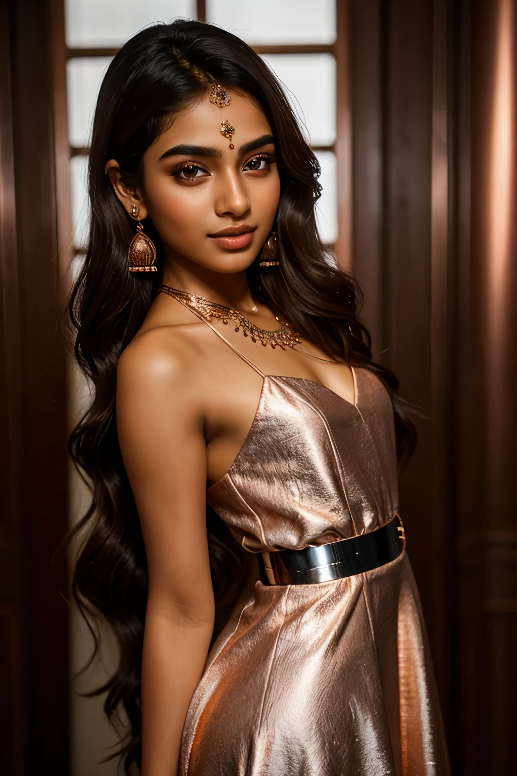 (high quality:1.6, masterpiece:1.6, HDR, 128K), (hyper-realistic, photorealism) 20 year old extremely beautiful brown Tamil girl, (highly detailed:1.6 extremely beautiful:1.6 face, eyes, ears, nose, lips, skin, curves, body parts), eyes symmetry, evening sky, (bright smile), very long hair, (wearing:1.6 copper silver designer frock)