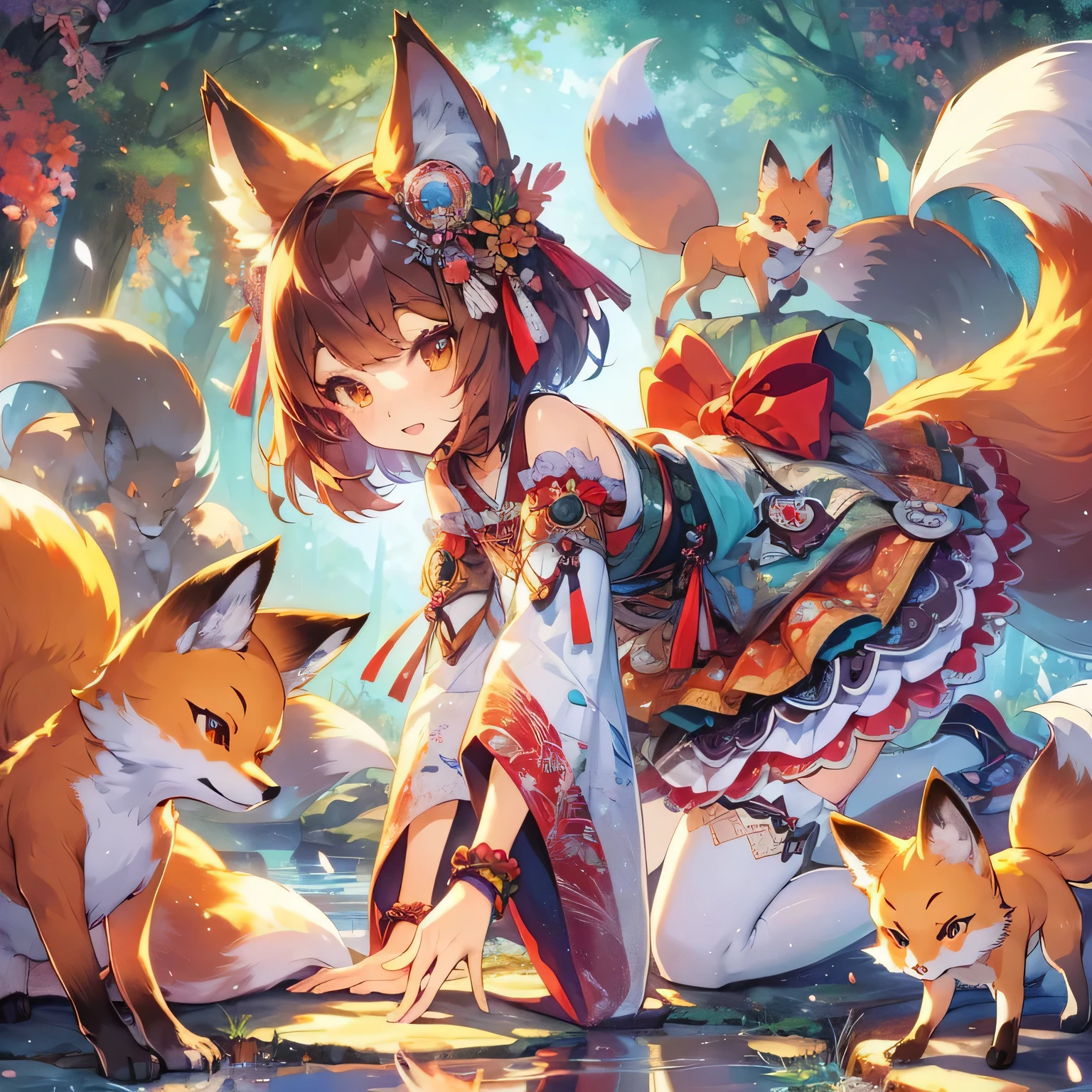 Woman in dress with fox and other animals, beautiful fox woman, anime fantasy artwork, anime style 4k, fox and bush, anime art wallpaper 4k, anime art wallpaper 4k, anime fantasy illustration, kitsune, anime art wallpaper 8k, girl with fox ears, fox three-tailed fox, Trending on Art Station Pixiv