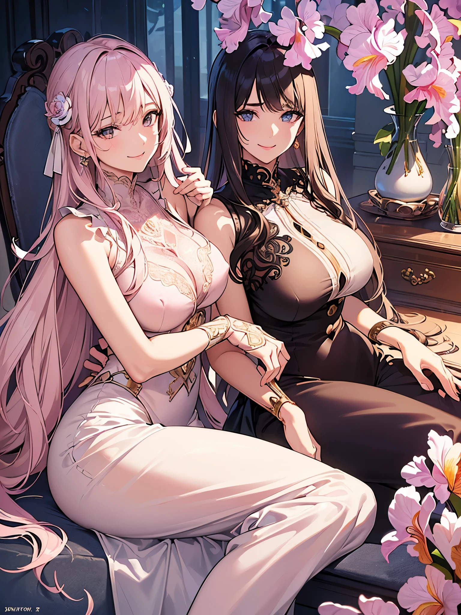 ((highest quality)),(ultra high resolution),(Super detailed),(detailed description),((best CG)),(best work of art),super precision art,amazing drawing art,(Fashion art with precise details:1.5), (adult women:1.6),(beautiful and well-shaped face:1.5),(I smile at you while resting my chin on my back:1.7),(mysterious iris:1.6),(Semi-long straight with precise and detailed description:1.6),(light pink blouse:1.7),earrings, Antique table:1.4,beautiful design vase