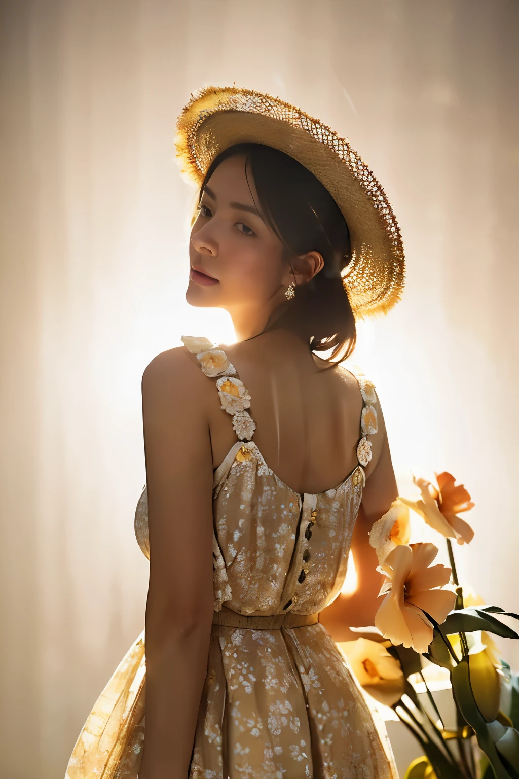 (1girl surrounded by soft_light:1.5), (backlighting:1.8), (lighting),(flowing fabric:1.3), ((Floral_summer_dress:1.5),(Straw_hat:1.3)),
(masterpiece), realistic, HDR, highly detailed, 8k, raw photo, ambient occlusion, natural, harmonious composition, warm tones, fine art photography,