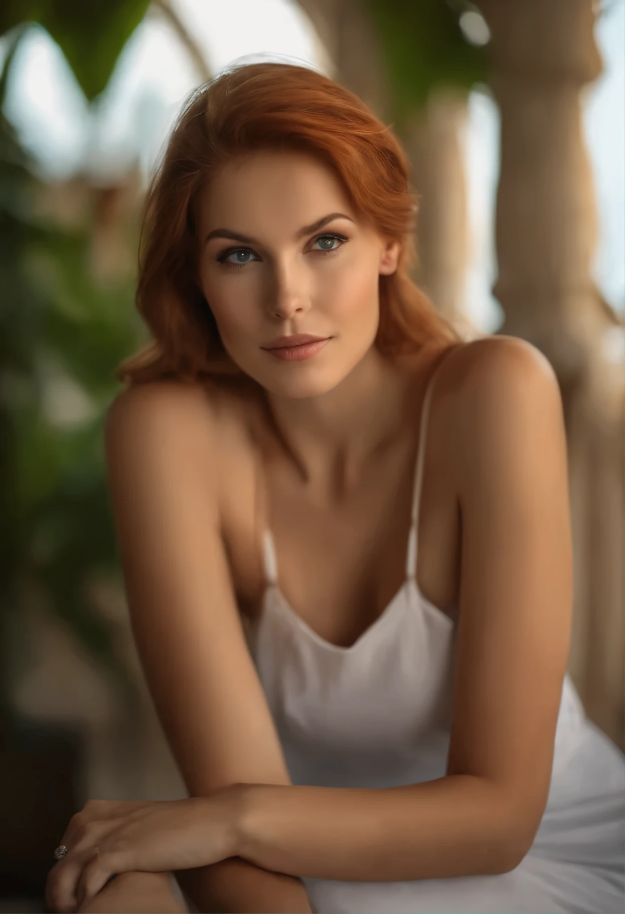 Photo brute, portrait complet du corps, photo d&#39;une belle femme de 21 ans, roux, yeux verts, visage mignon, in tight tank top, Grand , happy face, ombres dures, cinematic plan, dramatic lighting((texture de peau réaliste)), Jolie femme caucasienne, pose mignon en regardant loin, huge mermaids, ((best quality, best quality, photo realistic)), ((chef-d&#39;artwork)), cheveux roux, salon d&#39;a luxury villa in the background