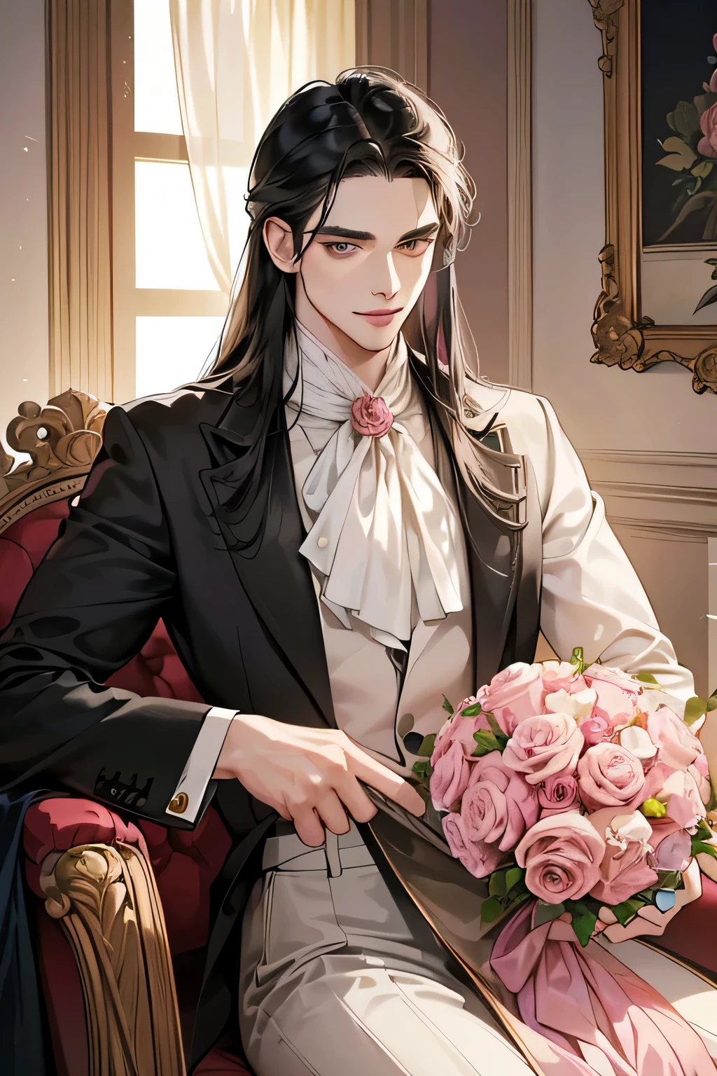 (table top, digital art, digital illustration, 4k, 8k, very detailed, beautiful picture, Sharp picture, realistic, raw photos, perfect face, perfect lines, perfect eyes, soft light) 1 woman, (long black hair,have straight hair,Bullish stare,Beauty,elegance,one piece,Hard makeup,23 is a novel,Big tits:1.5),Two handsome men in suits, (human,man in suit,have good muscles,broad, stable shoulders,adult male,children's hairstyles,English gentleman style,A man in his 30s with a cool demeanor,A 28-year-old man smiles brightly.:1.2),antique furniture,antique clamp,antique chair,Chandeliers,crystal glass,luxurious,magic light,marble fireplace,(shy from,shy smile,pink rose bouquet:1.2),antique sofa,leather sofa,current