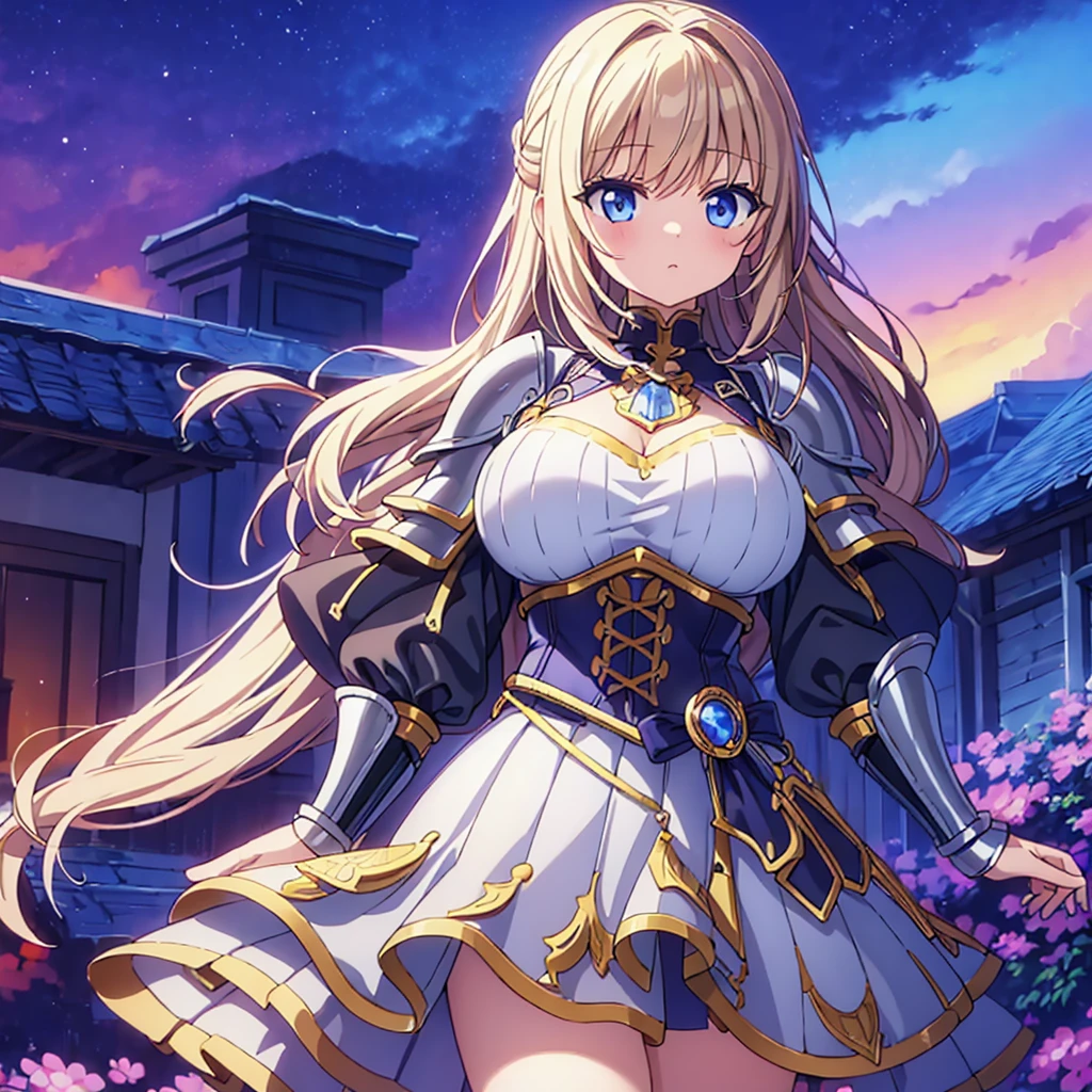 (masterpiece)、(highest quality)、((Very detailed))、(Very delicate)、cute、Golden Hair、Beautiful breasts、Nice、Fantastic forest and starry sky、Princess Knight's Outfit、Looking up from below、Golden fox tail、Golden fox ears、Red eyes、one person、Long Hair