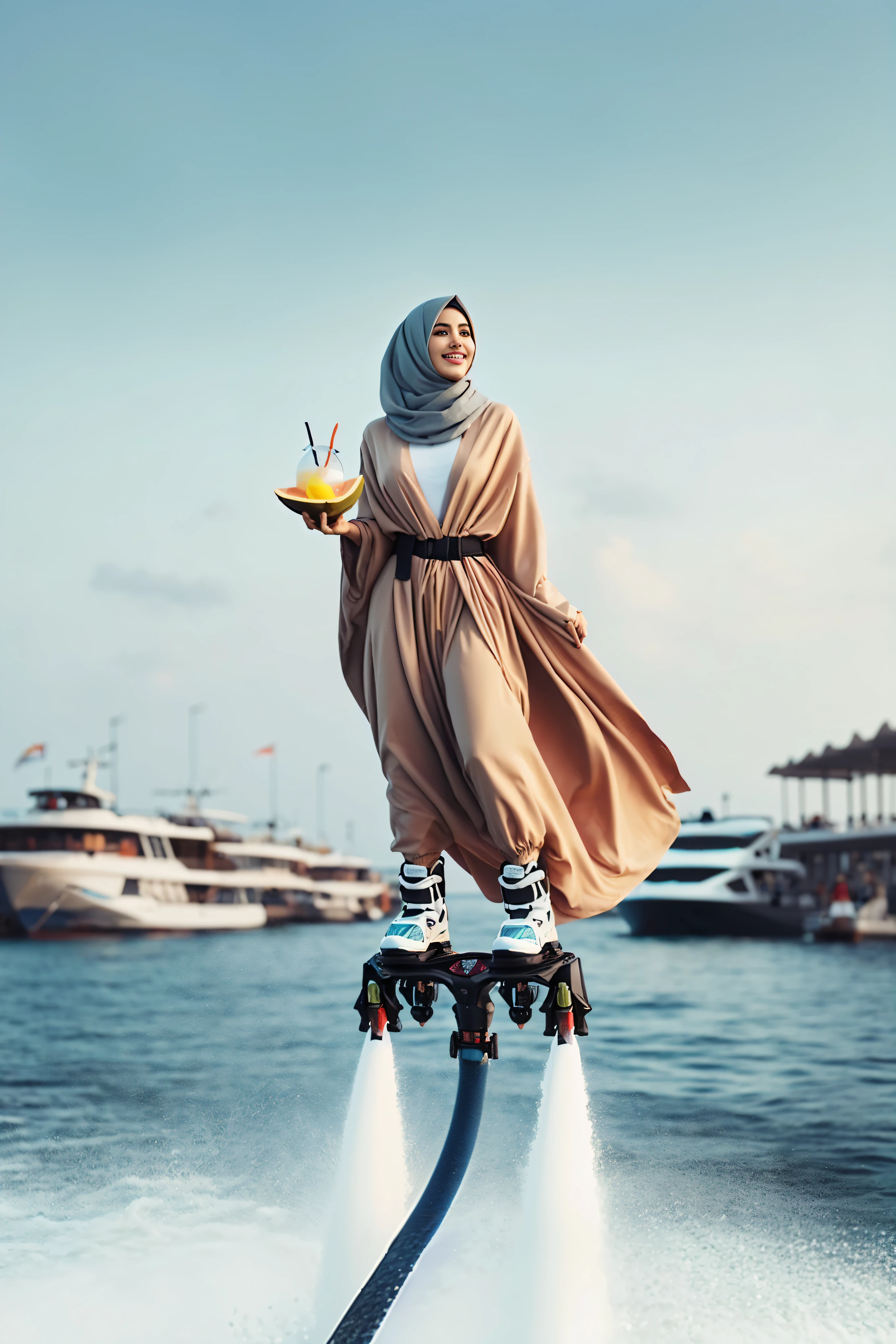 arafed woman in a hijab is flying through the air on a jet ski, by Ibrahim Kodra, by Ahmed Yacoubi, hoverboard, hoverboards, by irakli nadar, hijab, by Ahmed Karahisari, inspired by irakli nadar, inspiring, by Bernardino Mei, by Maryam Hashemi, by Ras Akyem