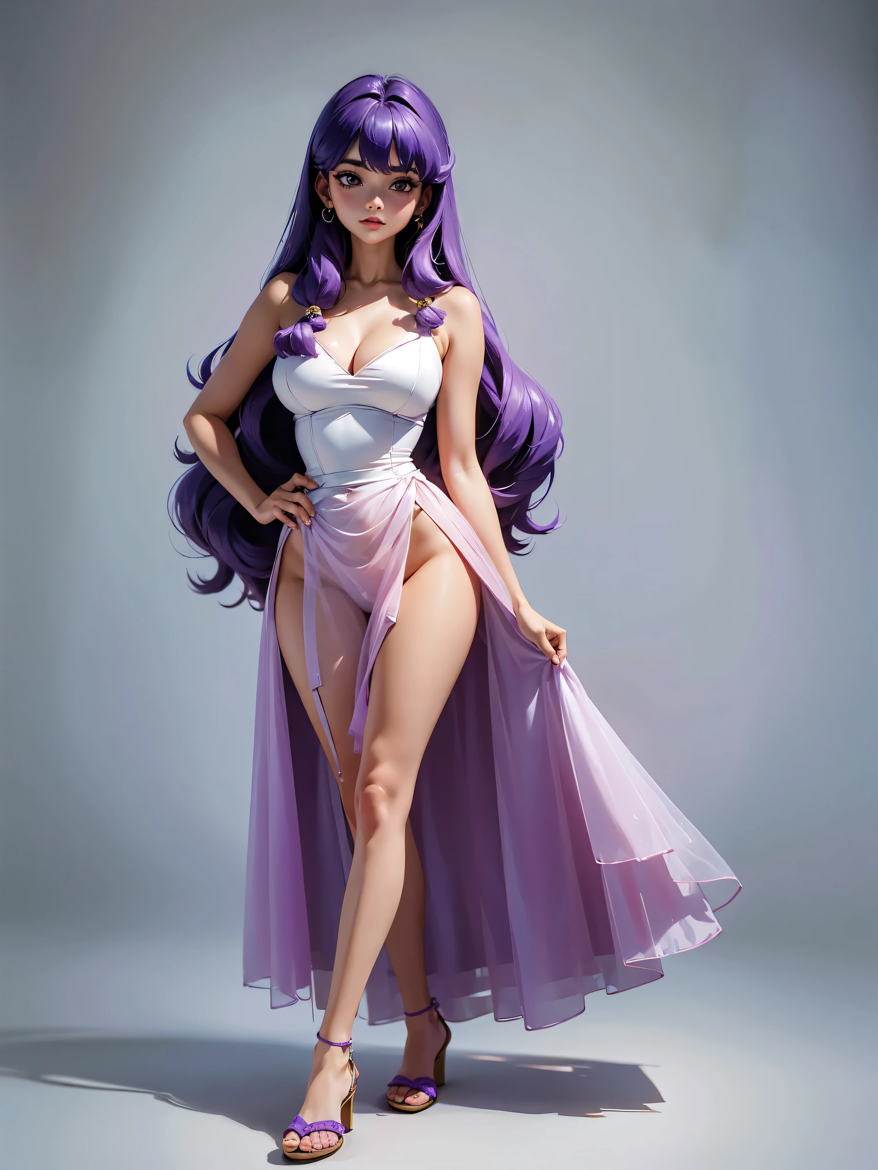 Garota anime de cabelo purple com saia vestido longo purple meio transparente e espartilho, , corpo bonito, seios grandes, com hand in panties , hand in purple hair, Garota sexy, purple hair, mechas de cabelo laterais, mechas de cabelo na lateral do rosto, beautiful lighting, sombras suaves, olhos azuis, pernas bonitas, cabelo longo roxo, estilo anime, personagem Shampoo Chan, Autora Rumiko Takahashi, Baseado em obra de Rumiko Takahashi, Anime Ranma 1/ 2, decote sexy, quadril robusto, corpo inteiro, corpo inteiro, busto grande, garota jovem com corpo belo e bonito, sandals on his feet, garota 16 anos usando saia e corset pink e purple meio transparente, garota anime, estilo anime, beautiful feet in sandals, front view angle, ao ar livre, peito grande, seios bonitos, cabelo purple, sandals on the feet, pernas bonitas, sexy, belas pernas, Sandalias, seios grandes, corpo completo, corpo inteiro, feet with sandals, anime realista, saia, sarja roxa, personagem realista sexy, straight standing posture, ao ar livre, calcinha pink, hand in panties, saia vestido com 50% de opacidade meio translucida, corpo ereto, sandalias bonitas