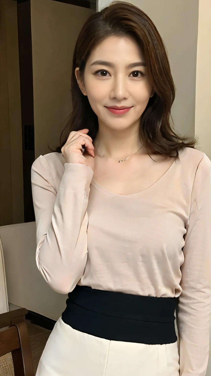 ((Medium shot scene、Half body))，highest quality、master piece、超A high resolution、(Photoreal:1.4)、japanese woman、48 years old female，There are a few wrinkles on the face，wavy brunette hair、silk、knit long sleeve long skirt（huge breasts：1.4）、standing on one&#39;s own feet：1.2，park background，Slightly chubby body type：1.4，straight body，slightly chubby face：1.4，wrinkles around the eyes，There are wrinkles at the corners of the mouth，（full body photo），showing old age