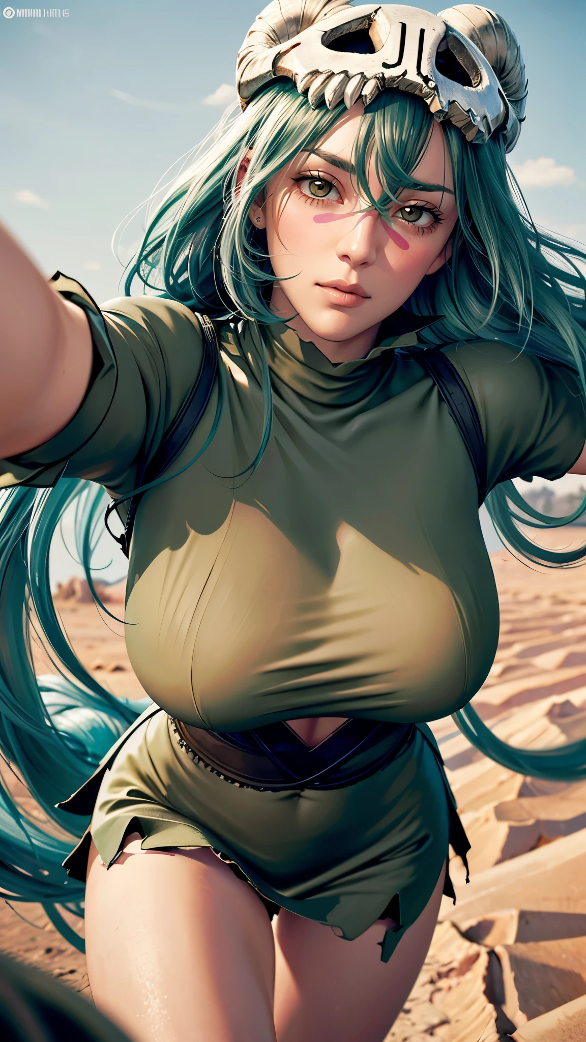 （（（完美figure，figure，odelschwanck，green clothes，（（（nel, long hair, facial mark, hair between eyes,  skull,skirt，yellow eyes））），S型figure:1.7））），((masterpiece)),high resolution, ((Best quality at best))，masterpiece，quality，Best quality，（（（ Exquisite facial features，looking at the audience,There is light in the eyes，Happy，lol））），（（（Interlacing of light and shadow，huge boobs））），（（（looking into camera，desert background，）））