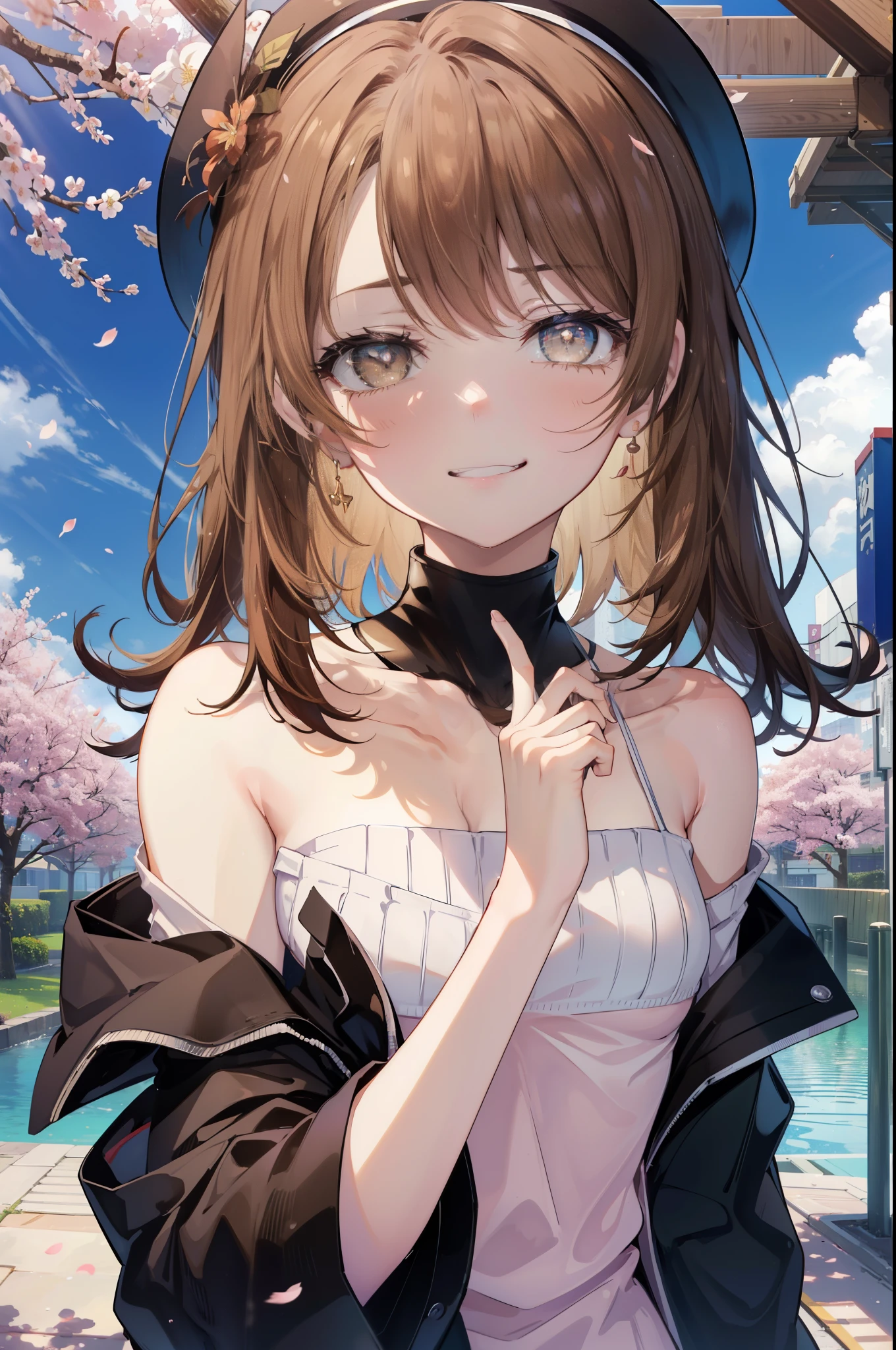 irohaisshiki, iroha isshiki, long hair, brown hair, (brown eyes:1.5), happy smile, smile, open your mouth,Put your hand over your mouth and make a peace sign,towards the camera,off shoulder sweater,bare shoulders,bare clavicle,naked neck,black long skirt,black tights,short boots,cherry blossoms are blooming,Cherry blossoms are scattered,
break indoors, Cherry blossom tree-lined path,
break looking at viewer,Upper body,
break (masterpiece:1.2), highest quality, High resolution, unity 8k wallpaper, (shape:0.8), (fine and beautiful eyes:1.6), highly detailed face, perfect lighting, Very detailed CG, (perfect hands, perfect anatomy),