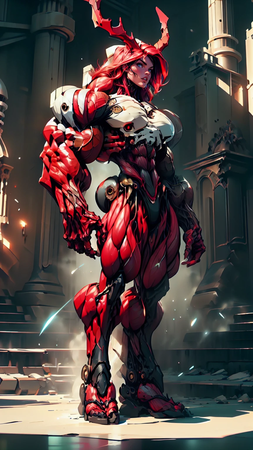 Cinematic, clear facial features and insanely detailed, the image captures the essence of (1 girl), (megan fox:1.25), (long red hair), (carnage skinless physique:1.25), (1 super muscular undead skinless succubus with gigantic horns:1.25), (covered in red necrotic rotting skinless muscle:1.25), (exposed muscles & veins everywhere:1.25), (perfect fingers:1.25) (full body pose:1.25). The color grading is beautifully done, enhancing the overall cinematic feel. Unreal Engine makes her appearance even more mesmerizing. With depth of field (DOF), every detail is focused and accentuated, drawing attention to her eyes and hair. Peak image resolution utilizing super-resolution technology ensures pixel perfection. Cinematic lighting enhances her aura, while anti-aliasing techniques like FXAA and TXAA keep the edges smooth and clean. Adding realism to the muscular bio-mecha succubus , RTX technology enables ray tracing. Additionally, SSAO (Screen Space Ambient Occlusion) gives depth and realism to the scene, the girl's presence even more convincing. In the post-processing and post-production stages, tone mapping enhances the colors, creating a captivating visual experience. The integration of CGI (Computer-Generated Imagery) and VFX (Visual Effects brings out her demonic features seamlessly . Incredible level of detail, with intricate elements meticulously crafted, the artwork hyper maximalist and hyper-realistic. Volumetric effects add depth and dimension, with unparalleled photorealism. 8k resolution rendering ensures super detailed visuals. The volumetric lighting adds a touch of magic, highlighting her beauty and aura in an otherworldly way. High Dynamic Range (HDR) tech makes the colors pop, adding richness to the overall composition. Ultimately, this artwork presents an unreal, yet stunningly real portrayal of an incredibly beautiful bio-mecha succubus girl. The sharp focus ensures that every feature is crisply defined, creating a captivating presence. (girl face:1.45)