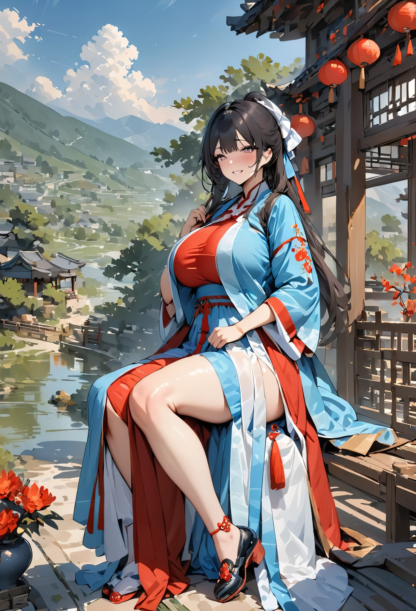 masterpiece, best quality,high_resolution,best quality,oriental,1girl,hanfu,Exposed leg,outdoors, landscape,oriental,huge breasts,embroidered shoes,chinese clothes,