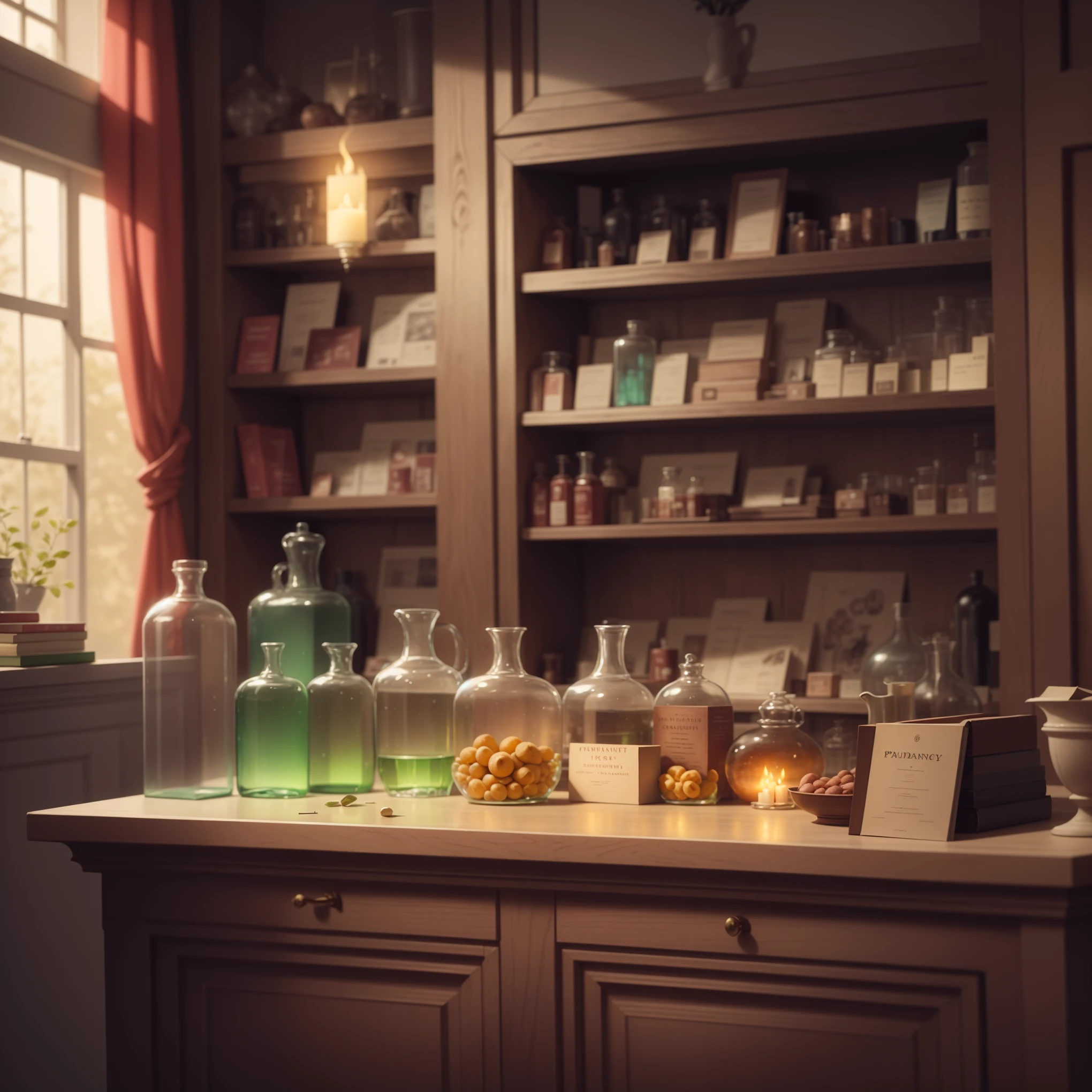 Interior pharmacy of the 18th century., very refined and luxurious, brightly illuminated by external light, shelves with glass bottles of medicines, big counter, Some books, Lit candles, darkened and gloomy background, drawn in the style of artist Paul Wright  