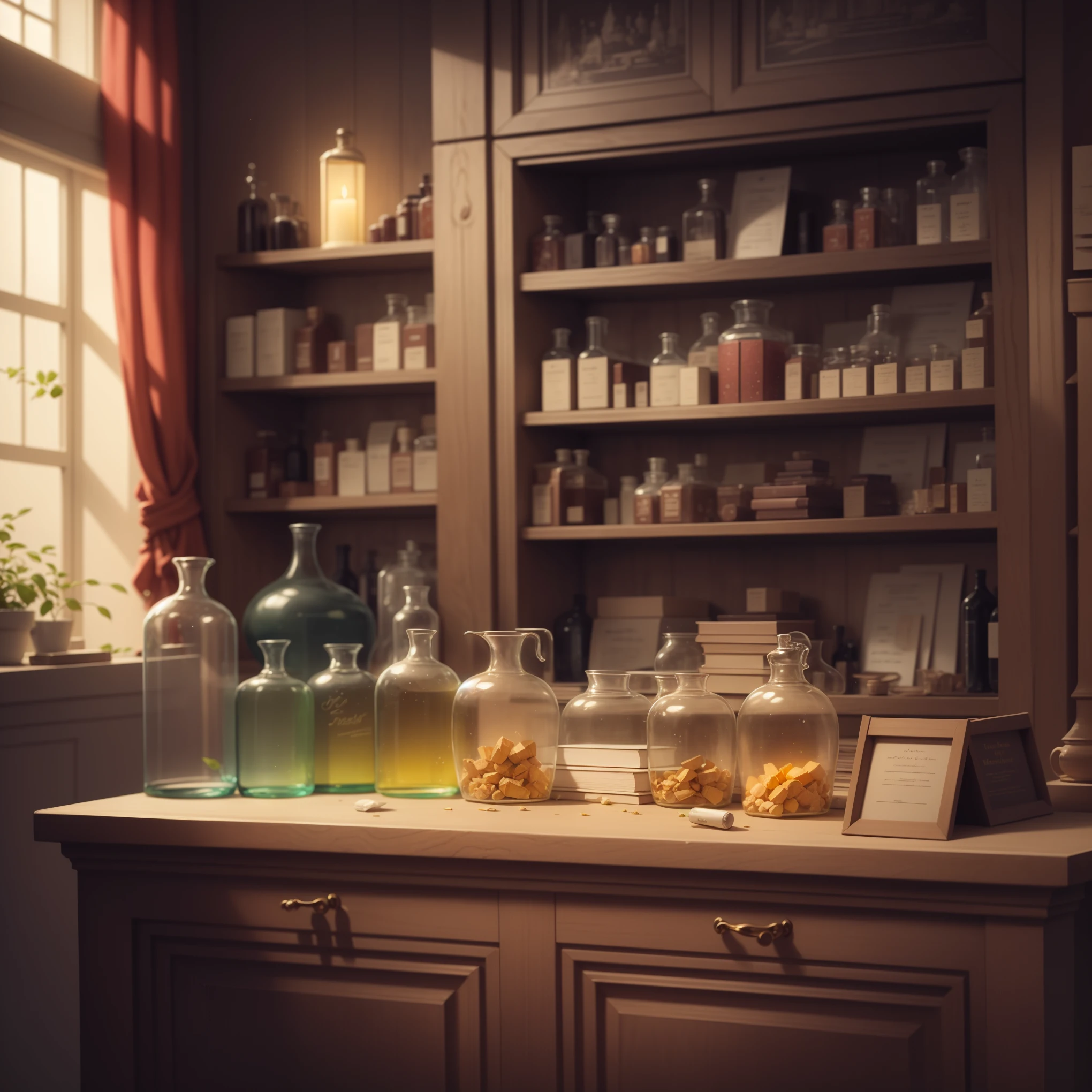 Interior pharmacy of the 18th century., very refined and luxurious, brightly illuminated by external light, shelves with glass bottles of medicines, big counter, Some books, Lit candles, darkened and gloomy background, drawn in the style of artist Paul Wright