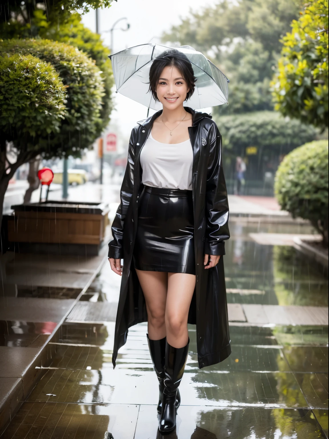 (Raw photo:1.2), (realistic:1.4),beautiful detailed woman,非常にfine eyesと顔, fine eyes, Super detailed,High resolution, very detailed,highest quality,enlightenment,unified,8k wallpaper,masterpiece,highest quality,1 female,alone,rich,Full body Esbian,(standard body shape)、(D cup breasts:1.1),There'leg meat,slim waist,alone,(Close up front of black raincoat)、(black rainboots , rainhat:1.2 ),jewelry necklace short hair,gentle smile,dignified atmosphere,black eye,realistic,(california parks:1.4) , (morning:1.2)、(in the heavy rain:1.6)、(standing up:1.5)