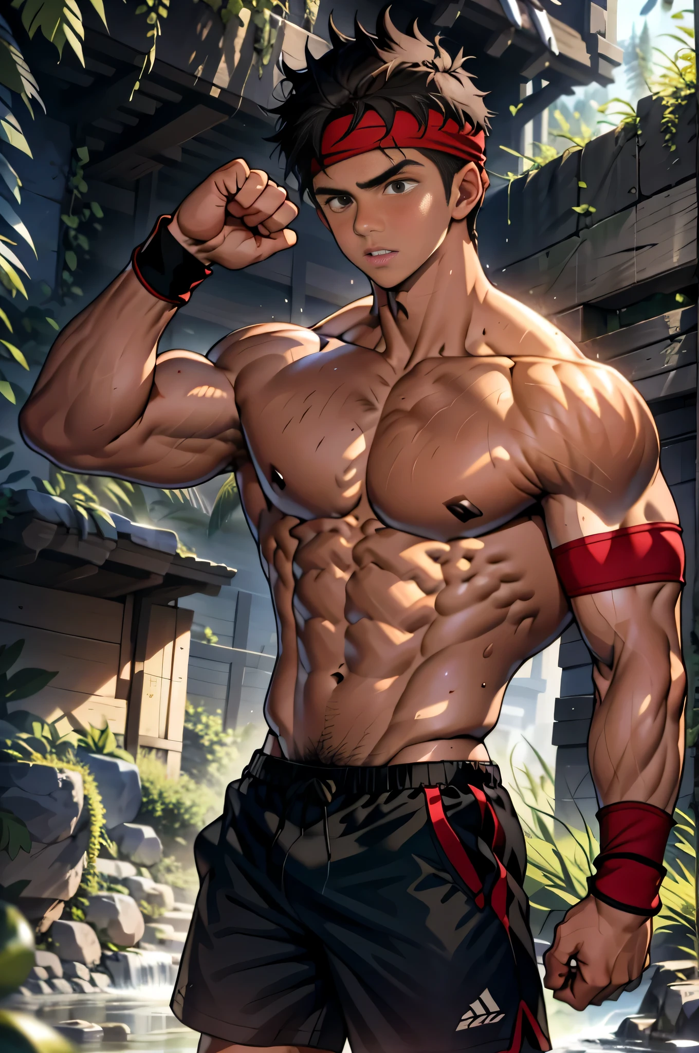 (Masterpiece, Best quality, 18 year old boy, 8k, ultra-detailed, simple background), (looking away, worm eyes, thin lips), (1 boy, solo), Young, (teenager), (Dark Short straight hair, under cut, brown eyes), Shirtless, topless, (red headband, black shorts, ((wristband))), (Depth of field:1.2), (hot Abs, big breast, upper arms), (topless male), athretic body, action pose