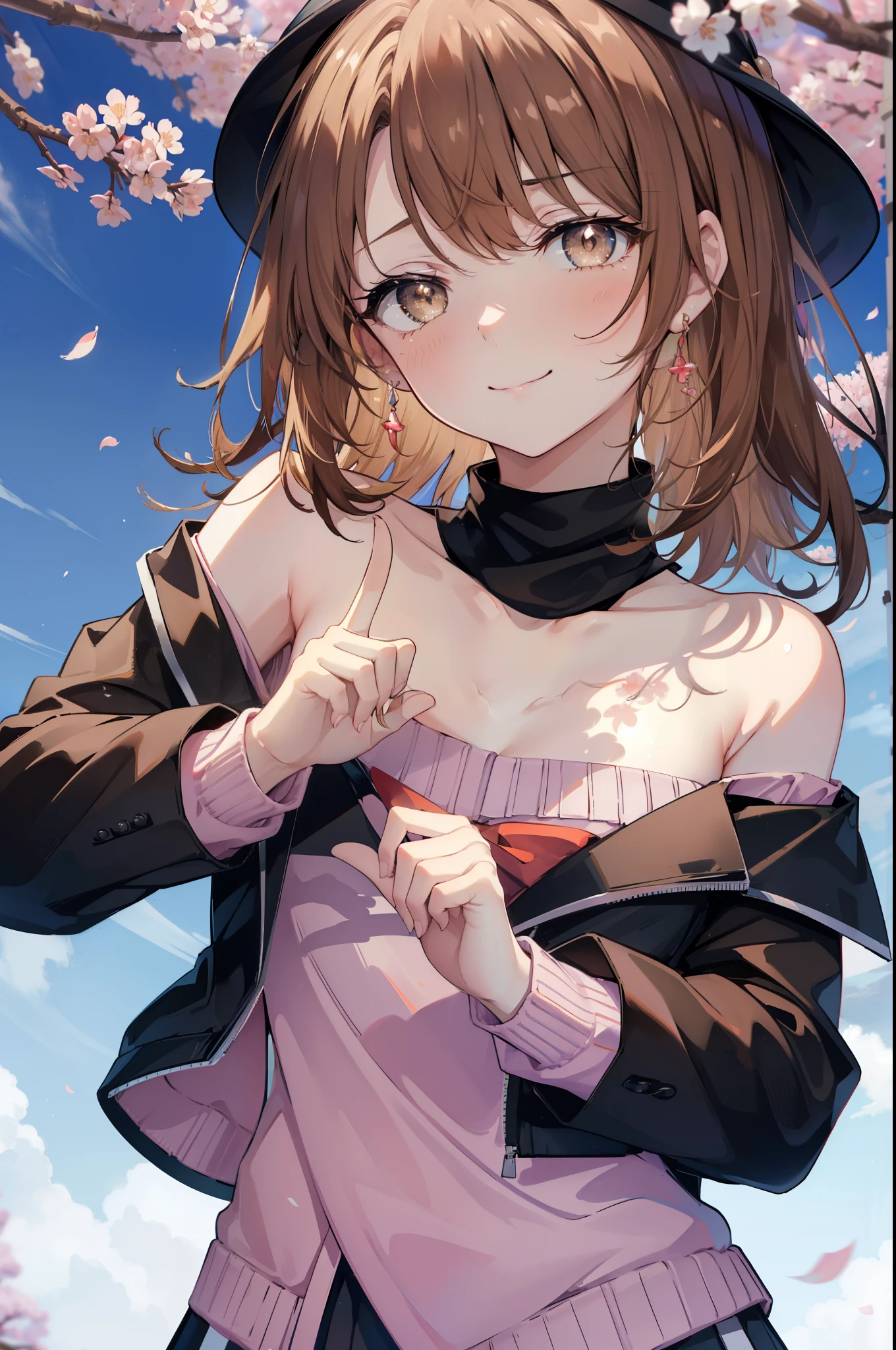 irohaisshiki, iroha isshiki, long hair, brown hair, (brown eyes:1.5), happy smile, smile, open your mouth,Put your hand over your mouth and make a peace sign,towards the camera,off shoulder sweater,bare shoulders,bare clavicle,naked neck,black long skirt,black tights,short boots,cherry blossoms are blooming,Cherry blossoms are scattered,
break indoors, Cherry blossom tree-lined path,
break looking at viewer,Upper body,
break (masterpiece:1.2), highest quality, High resolution, unity 8k wallpaper, (shape:0.8), (fine and beautiful eyes:1.6), highly detailed face, perfect lighting, Very detailed CG, (perfect hands, perfect anatomy),
