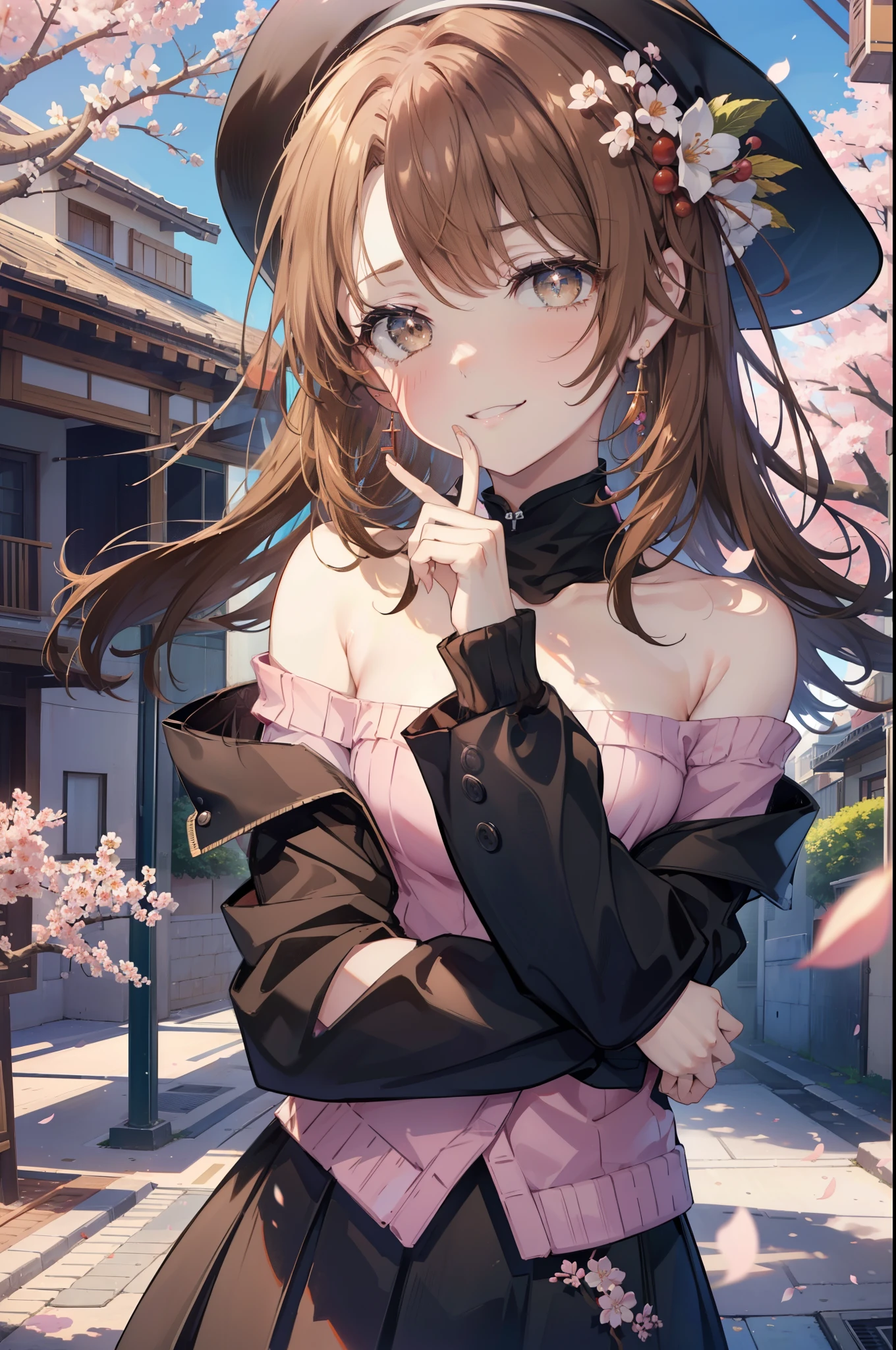 irohaisshiki, iroha isshiki, long hair, brown hair, (brown eyes:1.5), happy smile, smile, open your mouth,Put your hand over your mouth and make a peace sign,towards the camera,off shoulder sweater,bare shoulders,bare clavicle, neck,black long skirt,black tights,short boots,cherry blossoms are blooming,Cherry blossoms are scatt,
break indoors, Cherry blossom tree-lined path,
break looking at viewer,Upper body,
break (masterpiece:1.2), highest quality, High resolution, unity 8k wallpaper, (shape:0.8), (fine and beautiful eyes:1.6), highly detailed face, perfect lighting, Very detailed CG, (perfect hands, perfect anatomy),