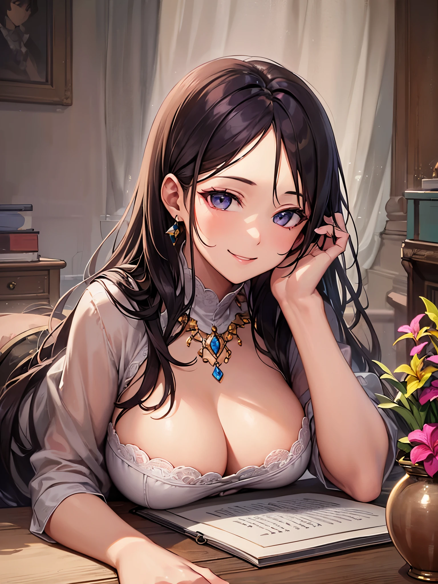 ((highest quality)),(ultra high resolution),(Super detailed),(detailed description),((best CG)),(best work of art),super precision art,amazing drawing art,(Fashion art with precise details:1.5), (adult women:1.6),(beautiful and well-shaped face:1.5),(I smile at you while resting my chin on my back:1.7),(mysterious iris:1.6),(Semi-long straight with precise and detailed description:1.6),(light pink blouse:1.7),earrings, Antique table:1.4,beautiful design vase