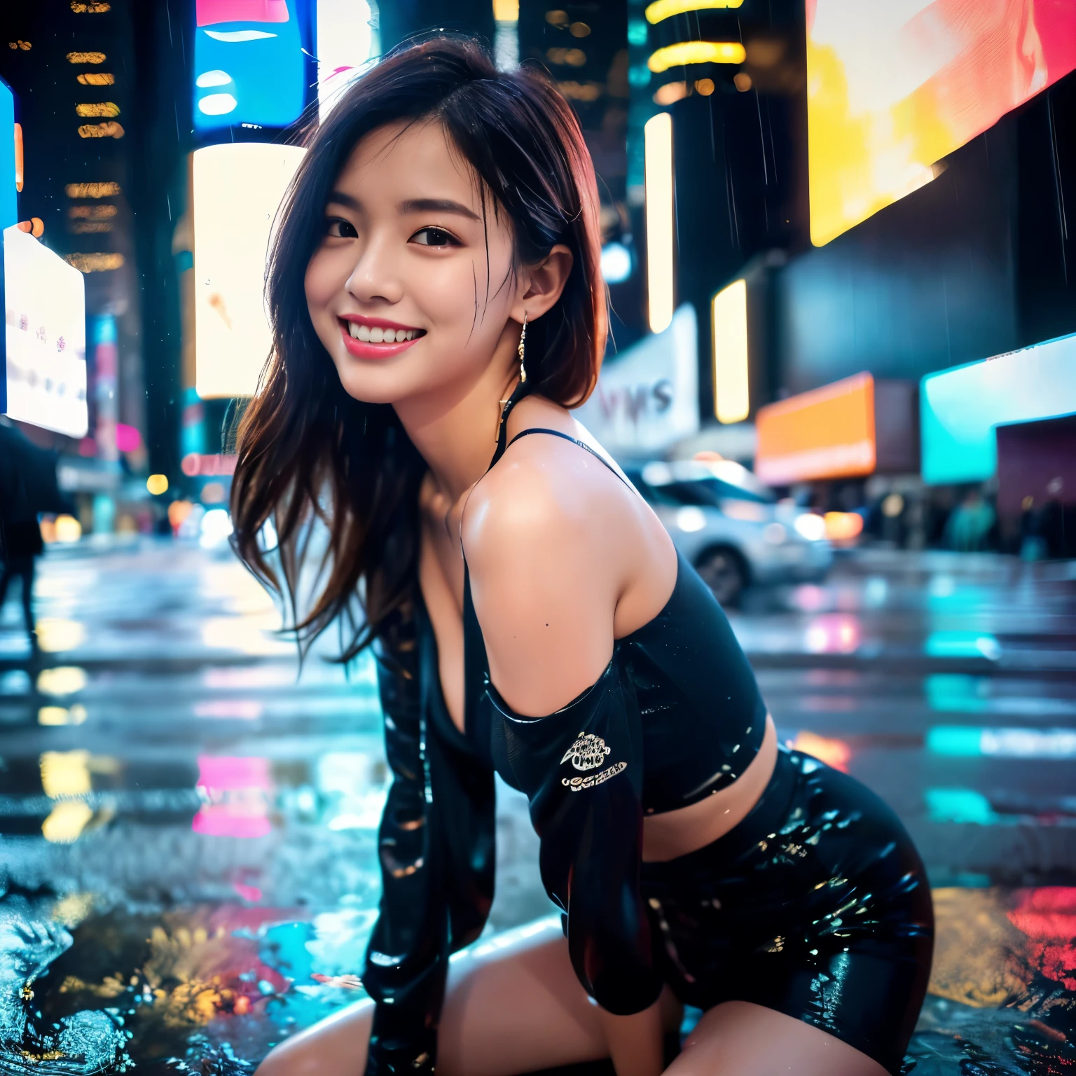 (Raw photo、highest quality)、(realistic、Photoreal:1.3)、highest quality、masterpiece、very delicate and beautiful、A hvery detailed、nffsw、sense of oneness、2k wallpaper、growing up、Beautiful in every detail、masterpiece、light smile、highest quality、Hvery detailed ticker Unity 8K wallpapers、huge file size、Super detailed、High resolution、very detailed、(correct anatomy:1.5)、(With an expression that has reached sexual climax:1.3)、(spread your legs:1.55)、(Pose that reaches sexual climax:1.3)、(wearing a silver bodysuit:1.3)、(銀色のボディースーツにneon lightが反射してとても綺麗です:1.3)、(It's raining very heavily:1.55)、(wet clothes:1.4), bare shoulders,real rain,wet hair、(The whole body is very wet:1.55)、(I'm in front of New York Times Square at night.:1.4)、18-year-old、guardium straight hair、neon light、professional lighting、(look at the camera:1.55)