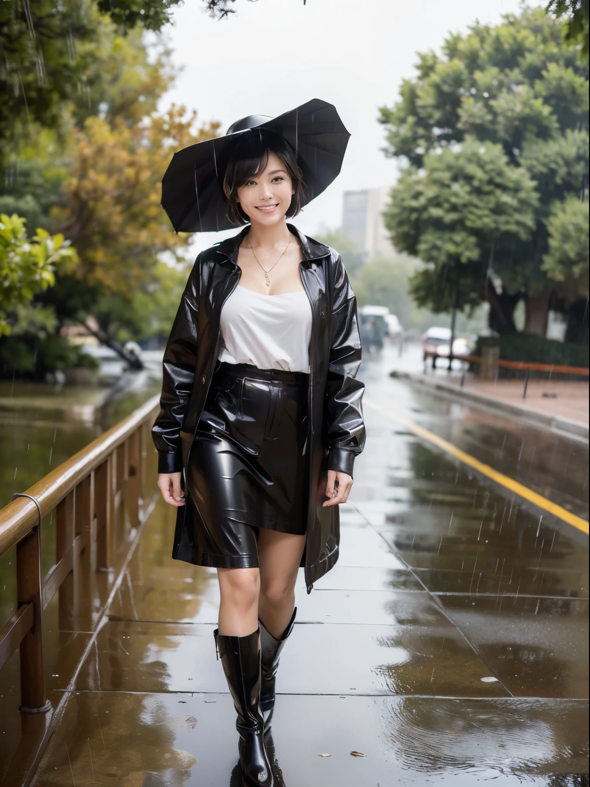 (Raw photo:1.2), (realistic:1.4),beautiful detailed woman,非常にfine eyesと顔, fine eyes, Super detailed,High resolution, very detailed,highest quality,enlightenment,unified,8k wallpaper,masterpiece,highest quality,1 female,alone,rich,Full body Esbian,（standard body shape）、（D cup breasts：1.1）,There&#39;leg meat,slim waist,alone,（Close up front of black raincoat）、（black rainboots , rainhat:1.2 ）,jewelry necklace short hair,gentle smile,dignified atmosphere,black eye,realistic,(california parks:1.4） , (morning:1.2)、（in the heavy rain:1.6)、（standing up:1.5）