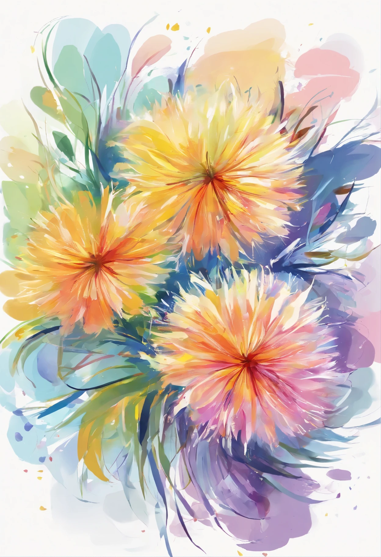 Draw an abstract painting of a flower.,Light dandelion fluff、Aesthetic composition，simple style, Soft and warm touch、The main color palette of the work is soft pastel colors.、When looking at this picture, you、interplay of color and texture、Immerse yourself in the gentle atmosphere