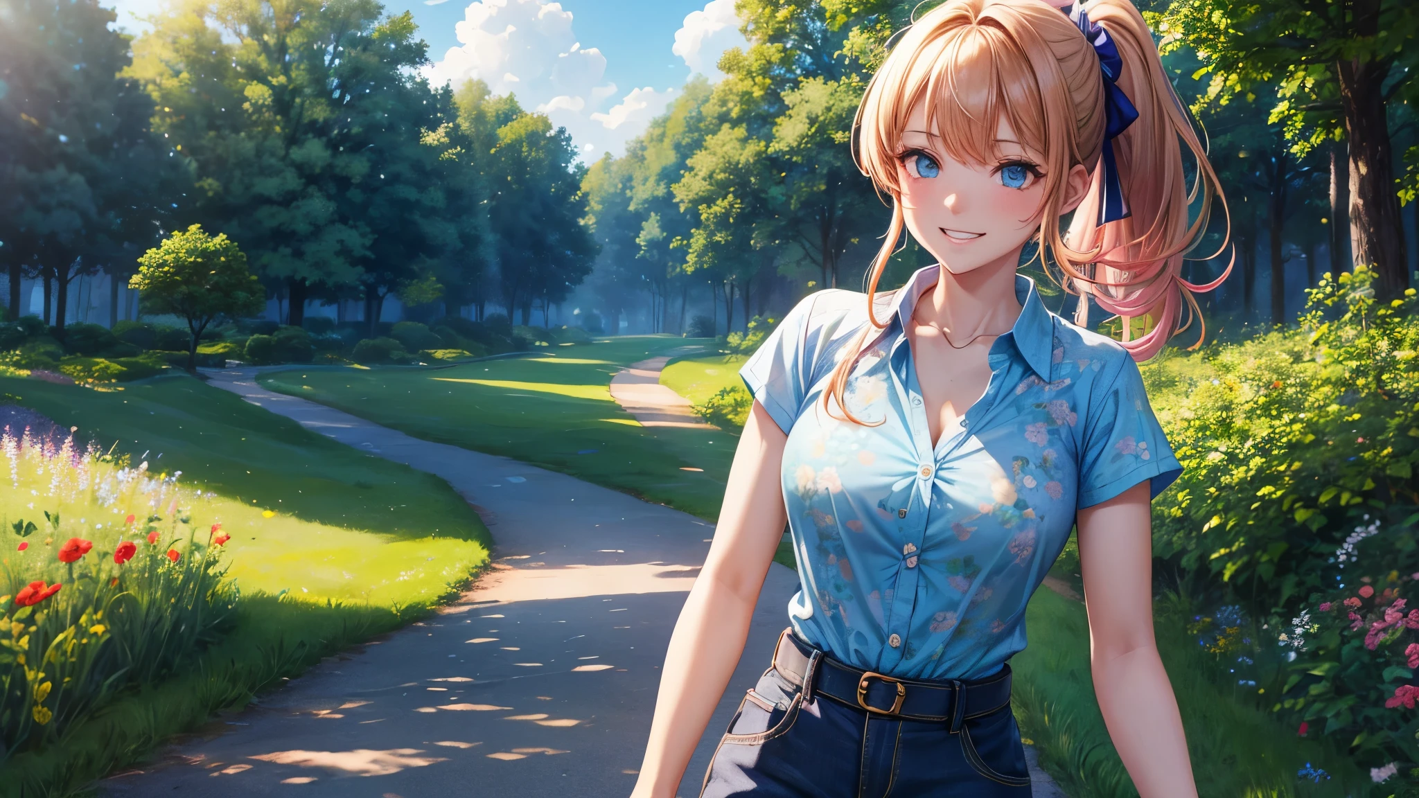 1girl, full body, solo, summer, village, trees, sun, clouds, ((colorful hair)), ponytail, large breasts, button down, blue eyes, ((floral pattern light blue shirt)), ((unbuttoned shirt)), unbuttoning buttons, popping buttons, ((short sleeved shirt)), shorts, brown shoes, grin, looking at the viewer, standing, hair ribbon, cleavage, golden necklate