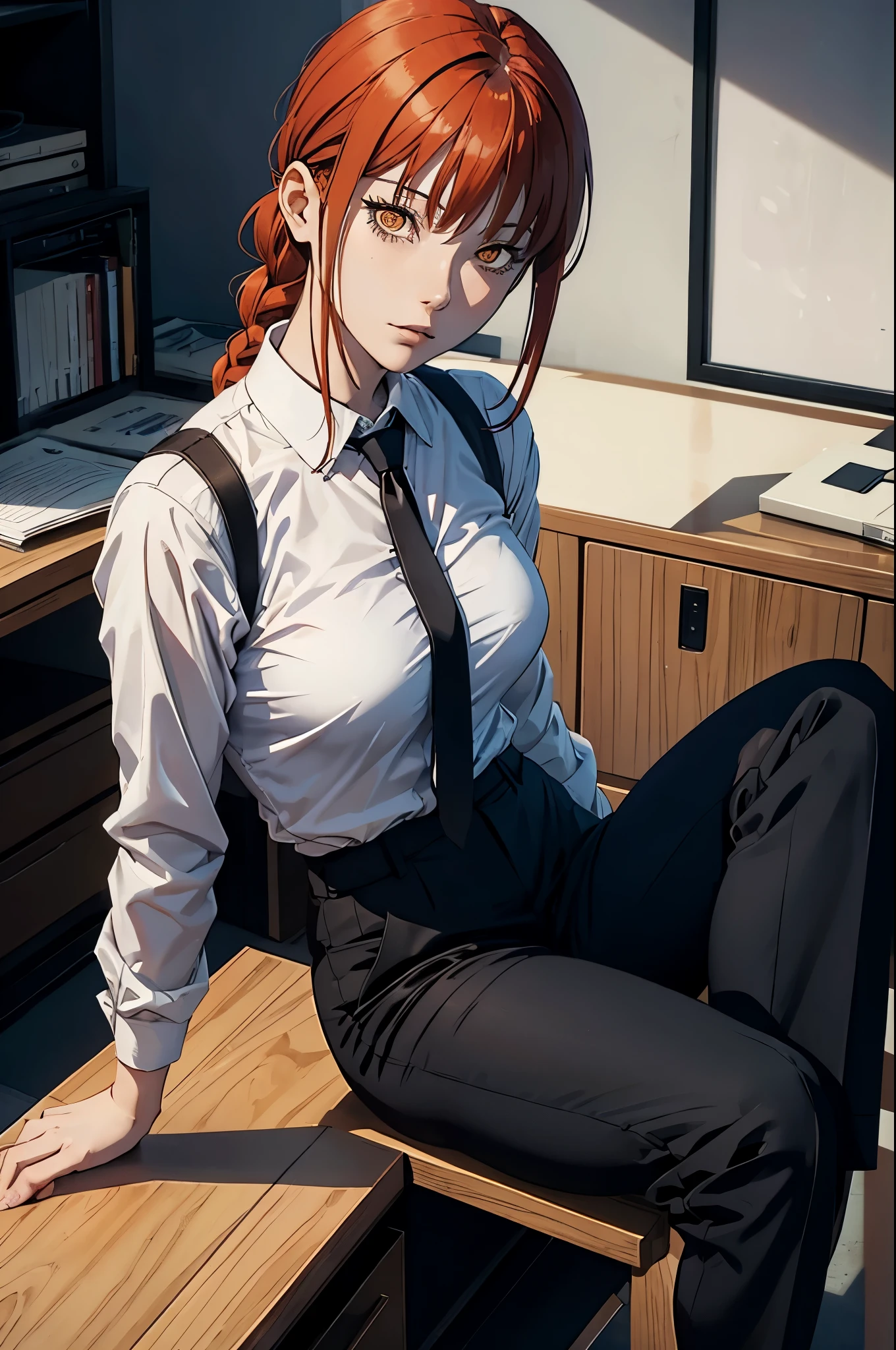 makima from chainsawman, wearing her iconic white long sleeve, black tie, black business trousers, hair braided, sitting seductively, office setting, legs crossed, looking at camera
