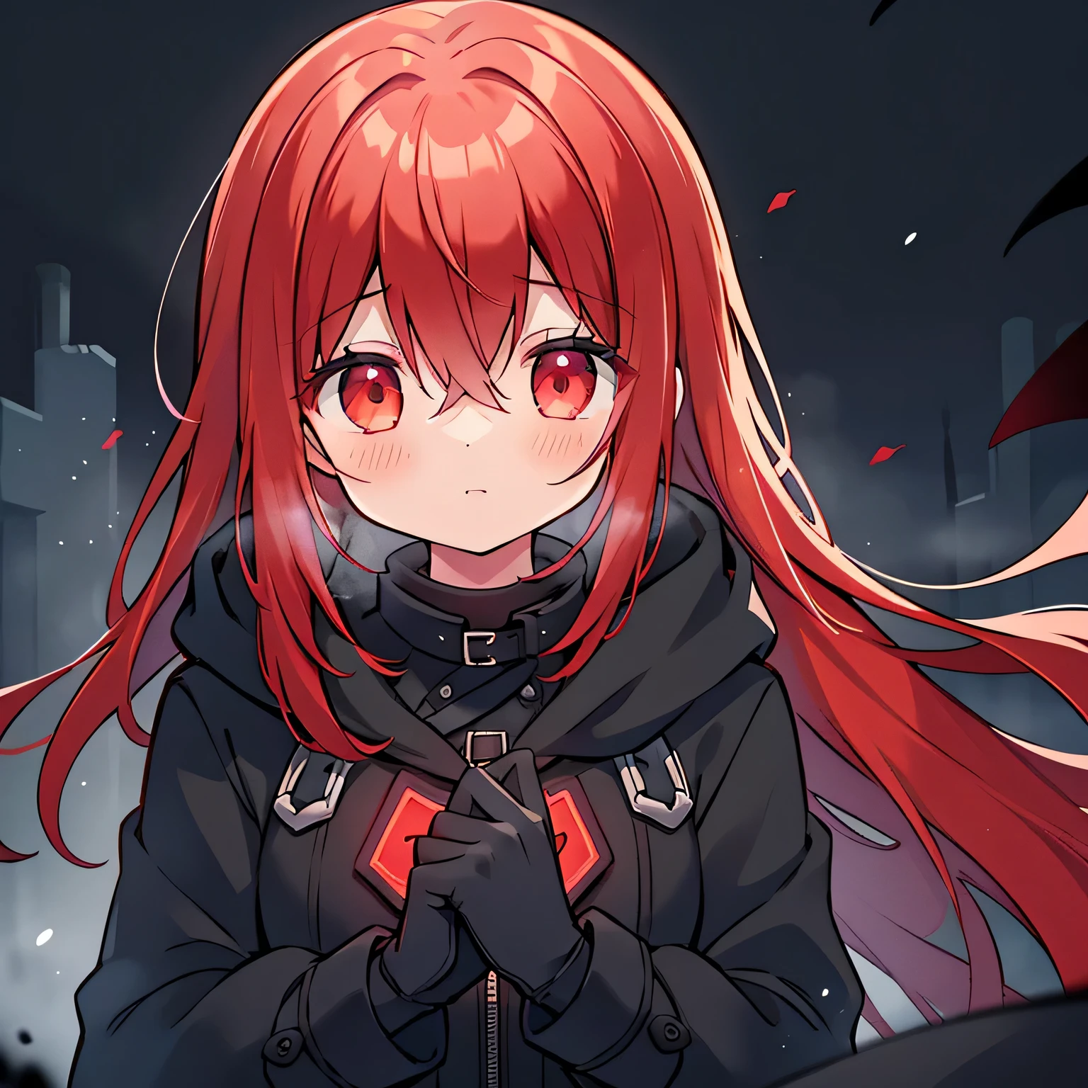 Best quality, realistic, a girl with red hair and detailed eyes and face, lightning bolts around, red glowing eyes, wearing a black dress, with a black overcoat, and a person with a black hood over their head. The scene depicts a huntress inspired by the style of Van Helsing. The background is a dark, mysterious setting with dimly lit streets and fog. The colors are rich and vibrant, with a dark and moody color palette. The lighting is dramatic, casting long shadows and highlighting the girl's determined expression. The overall image should have a cinematic and thrilling atmosphere, capturing the essence of a fierce and skilled huntress in action.