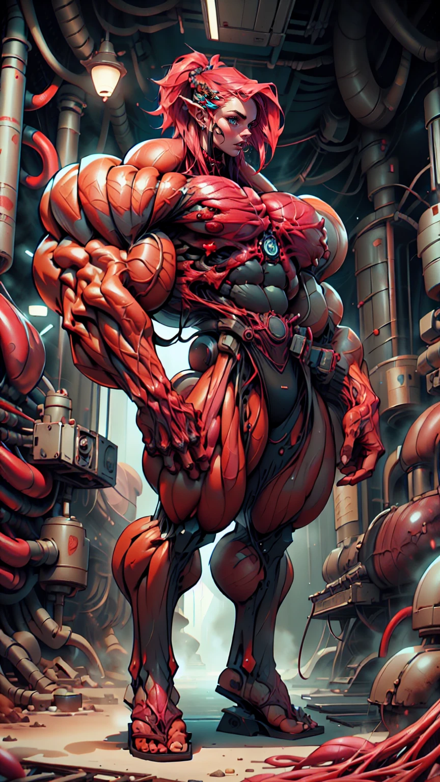 Cinematic, clear facial features and insanely detailed, the image captures the essence of (1 girl), (megan fox:1.25), (long red hair), (carnage skinless physique:1.25), (1 super muscular undead skinless succubus with gigantic horns:1.25), (covered in red necrotic rotting skinless muscle:1.25), (exposed muscles & veins everywhere:1.25), (perfect fingers:1.25) (full body pose:1.25). The color grading is beautifully done, enhancing the overall cinematic feel. Unreal Engine makes her appearance even more mesmerizing. With depth of field (DOF), every detail is focused and accentuated, drawing attention to her eyes and hair. Peak image resolution utilizing super-resolution technology ensures pixel perfection. Cinematic lighting enhances her aura, while anti-aliasing techniques like FXAA and TXAA keep the edges smooth and clean. Adding realism to the muscular bio-mecha succubus , RTX technology enables ray tracing. Additionally, SSAO (Screen Space Ambient Occlusion) gives depth and realism to the scene, the girl's presence even more convincing. In the post-processing and post-production stages, tone mapping enhances the colors, creating a captivating visual experience. The integration of CGI (Computer-Generated Imagery) and VFX (Visual Effects brings out her demonic features seamlessly . Incredible level of detail, with intricate elements meticulously crafted, the artwork hyper maximalist and hyper-realistic. Volumetric effects add depth and dimension, with unparalleled photorealism. 8k resolution rendering ensures super detailed visuals. The volumetric lighting adds a touch of magic, highlighting her beauty and aura in an otherworldly way. High Dynamic Range (HDR) tech makes the colors pop, adding richness to the overall composition. Ultimately, this artwork presents an unreal, yet stunningly real portrayal of an incredibly beautiful bio-mecha succubus girl. The sharp focus ensures that every feature is crisply defined, creating a captivating presence. (girl face:1.45)