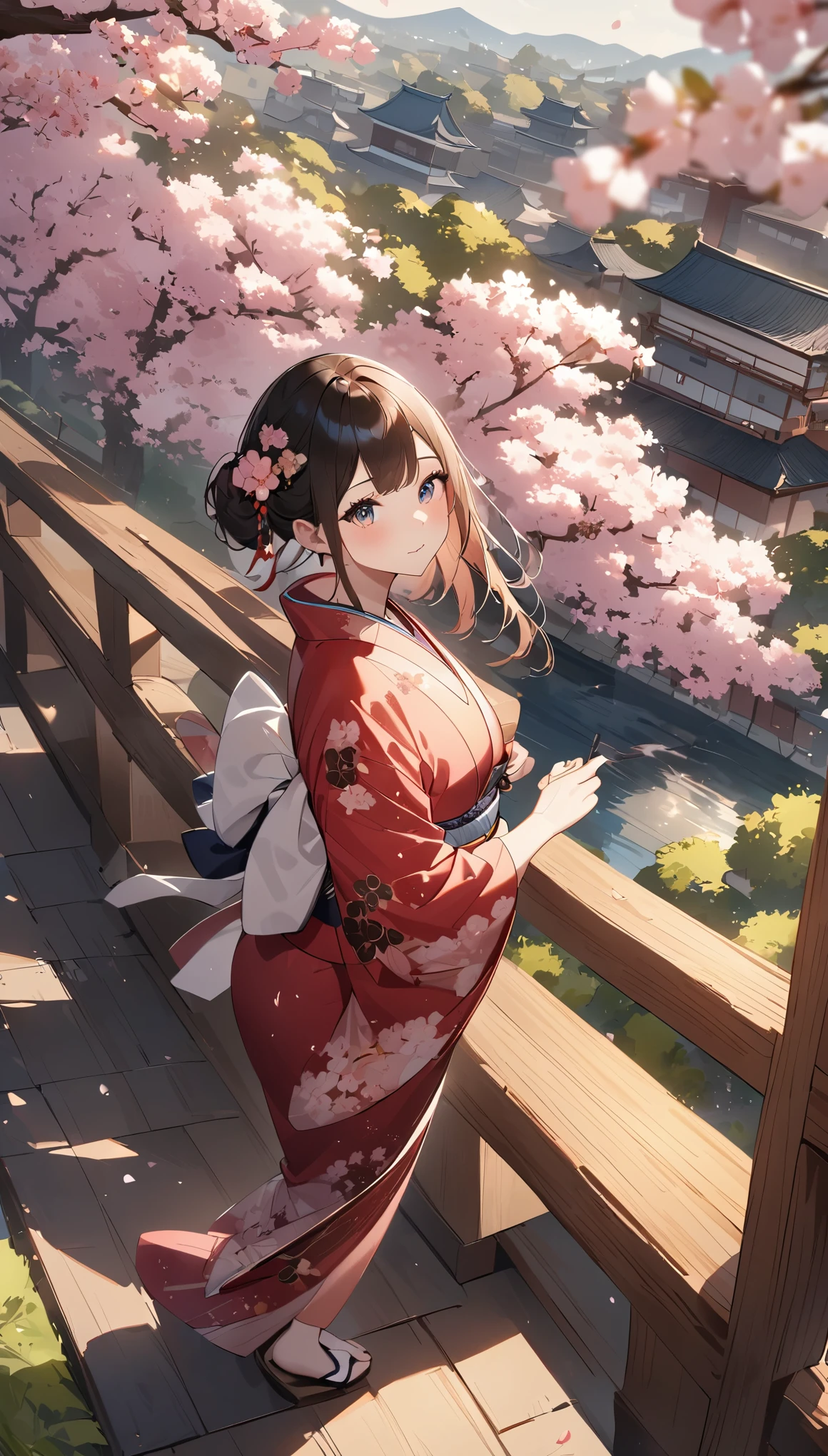 one personの女の子、one person、１６talent、kimono、ナチュラルカラーのkimono、草木染めのkimono、beautiful girl、shortcut、Natural light、Silky beautiful hair、Japanese、hair swaying in the wind、Cherry tree in full bloom、Kamogawa、Three large bridges、Tranquil scenery、landscape of silence、Cinematic angle、dynamic angle、Beautiful Yamato Nadeshiko、highest quality、ultra high resolution、Super detailed、detailed description、８ｋ、Beautiful Kyoto、Ah, let&#39;s go to Kyoto！、