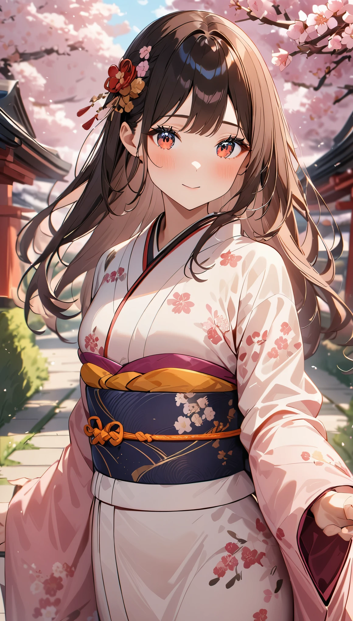 one personの女の子、one person、16talent、kimono、ナチュラルカラーのkimono、草木染めのkimono、beautiful girl、shortcut、Natural light、Silky beautiful hair、Japanese、hair swaying in the wind、Cherry tree in full bloom、Kamogawa、Three large bridges、Tranquil scenery、landscape of silence、Cinematic angle、dynamic angle、Beautiful Yamato Nadeshiko、highest quality、ultra high resolution、Super detailed、detailed description、8k、Beautiful Kyoto、Ah, let's go to Kyoto!、