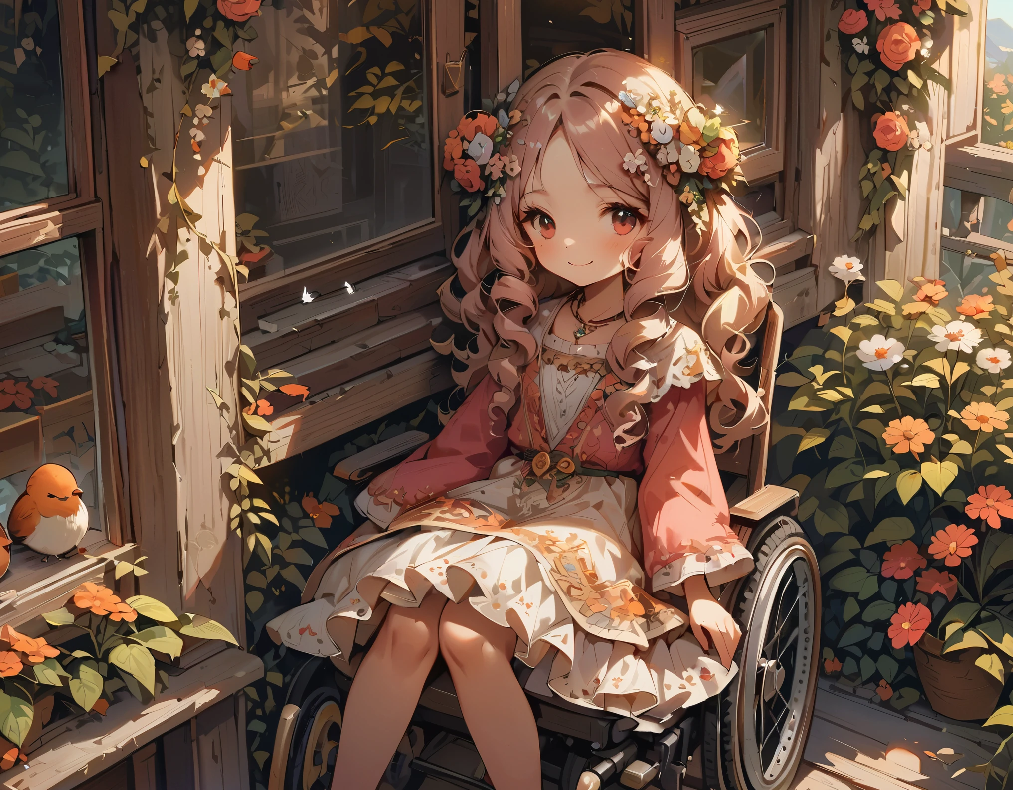 The curly haired man in a wheelchair is beautiful and elegant，Friendly and charming smile, The innocent look of the girl next door，Eyes are very delicate，perfect fingers.，necklace，（（（hair accessories））），Long pink dress、Looking at the scenery outside the room window，flowers bloom，（（（There are birds flying around）））（（best quality））， （（intricate details））， （（Surrealism））（8K）