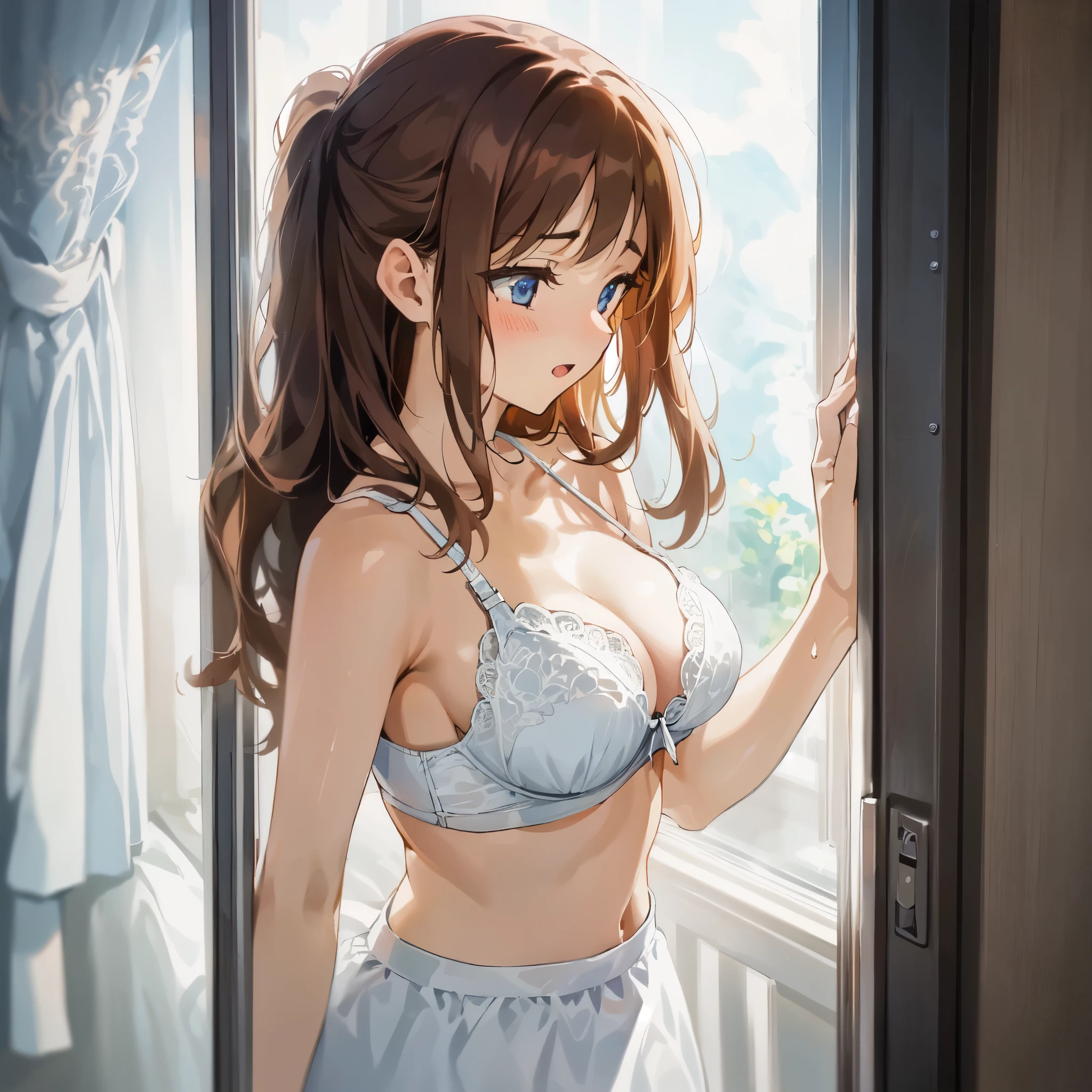 {{{dynamic angle}}},{{Being seen while changing clothes,}},high school girl,Through the window,valley,Glimpse{{white bra}},{masterpiece,best quality,illustration},,{{赤茶髪medium long hair}},beautiful large and medium size breasts 1:4,16 years old eye1:4}},high school girl,{{long hair}},shyness,{{calf white socks}},{{droopy eyes}}
