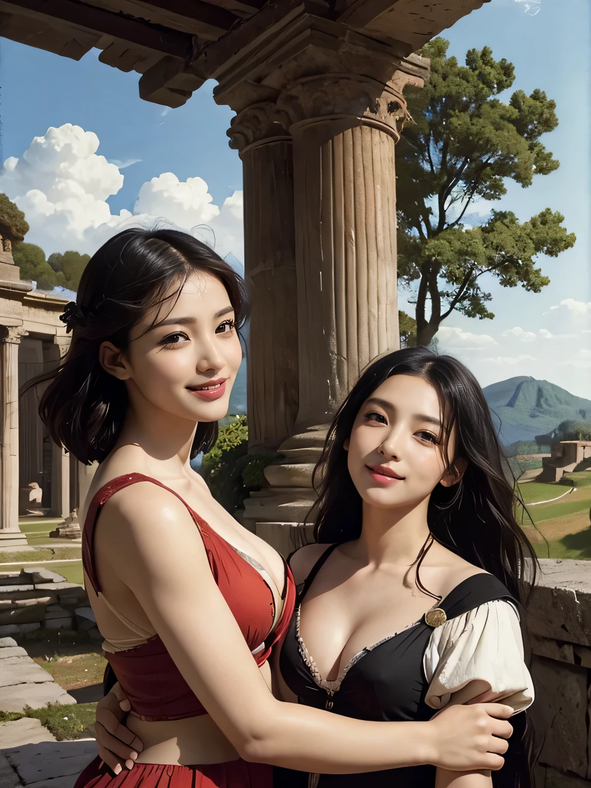 ancient roman sculpture,Ancient Roman ruins,Poussin-style landscape,A smile,,Sweet and seductive appearance.、Caravaggio's paintings、Chiaroscuro of Caravaggio、Hair disheveled in the wind,Two women frolicking,Cute smile, Expression of ,A 
