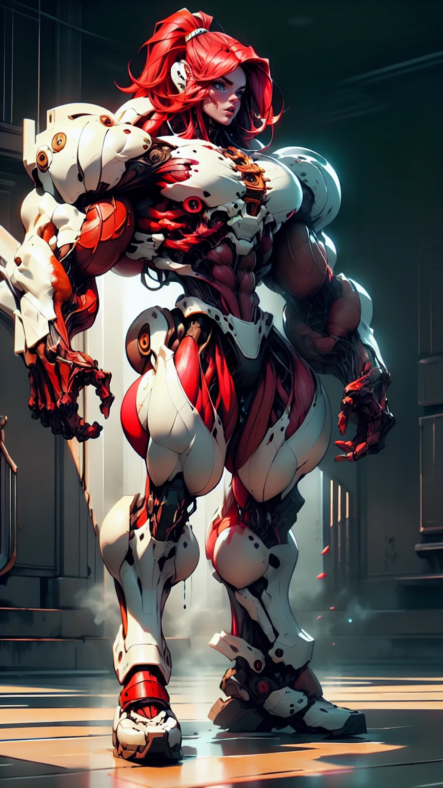 Cinematic, clear facial features and insanely detailed, the image captures the essence of (1 girl), (megan fox:1.25), (long red hair), (carnage skinless physique:1.25), (1 super muscular undead skinless succubus with gigantic horns:1.25), (covered in red necrotic rotting skinless muscle:1.25), (exposed muscles & veins everywhere:1.25), (perfect fingers:1.25) (full body pose:1.25). The color grading is beautifully done, enhancing the overall cinematic feel. Unreal Engine makes her appearance even more mesmerizing. With depth of field (DOF), every detail is focused and accentuated, drawing attention to her eyes and hair. Peak image resolution utilizing super-resolution technology ensures pixel perfection. Cinematic lighting enhances her aura, while anti-aliasing techniques like FXAA and TXAA keep the edges smooth and clean. Adding realism to the muscular bio-mecha succubus , RTX technology enables ray tracing. Additionally, SSAO (Screen Space Ambient Occlusion) gives depth and realism to the scene, the girl's presence even more convincing. In the post-processing and post-production stages, tone mapping enhances the colors, creating a captivating visual experience. The integration of CGI (Computer-Generated Imagery) and VFX (Visual Effects brings out her demonic features seamlessly . Incredible level of detail, with intricate elements meticulously crafted, the artwork hyper maximalist and hyper-realistic. Volumetric effects add depth and dimension, with unparalleled photorealism. 8k resolution rendering ensures super detailed visuals. The volumetric lighting adds a touch of magic, highlighting her beauty and aura in an otherworldly way. High Dynamic Range (HDR) tech makes the colors pop, adding richness to the overall composition. Ultimately, this artwork presents an unreal, yet stunningly real portrayal of an incredibly beautiful bio-mecha succubus girl. The sharp focus ensures that every feature is crisply defined, creating a captivating presence. (girl face:1.45)