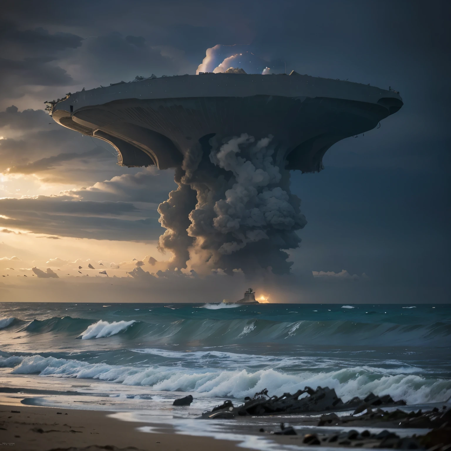 I would like a landscape of a destroyed city with the ocean , moi je suis sur la plage et une tornade arrive sur moi et je l'arrête en levant mon bras