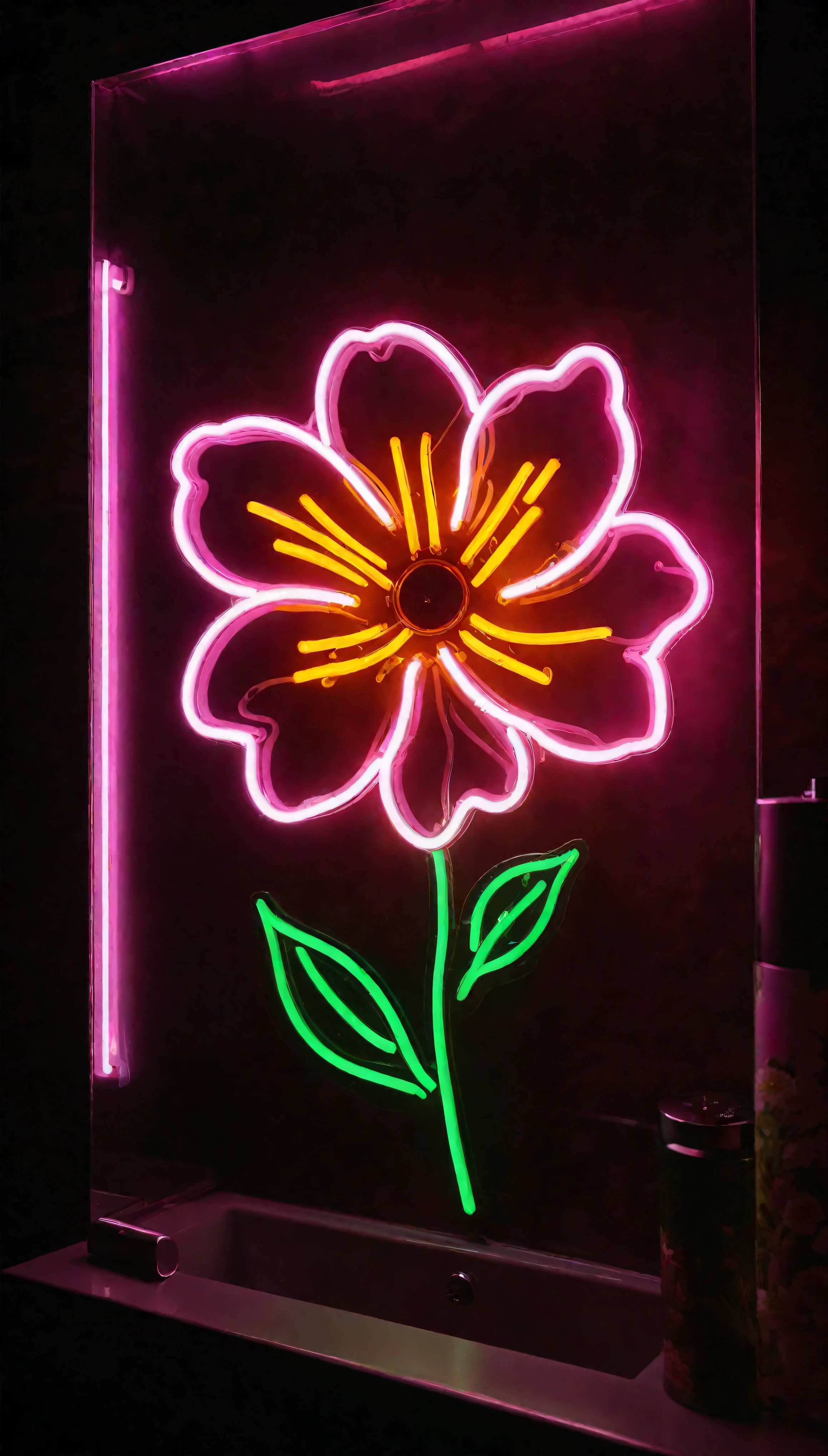 ((Masterpiece in maximum 16K resolution):1.6),((soft_color_photograpy:)1.5), ((Ultra-Detailed):1.4),((Movie-like still images and dynamic angles):1.3). | (Macro shot cinematic photo of a neon sign lamp in a fancy bathroom mirror), ((flower neon sign):1.5), (dim background), (macro lens), (illuminate), (luminous object), (fancy bathroom), (shimmer), (aromatic flowers), (visual experience),(Realism), (Realistic),award-winning graphics, dark shot, film grain, extremely detailed, Digital Art, rtx, Unreal Engine, scene concept anti glare effect, All captured with sharp focus. | Rendered in ultra-high definition with UHD and retina quality, this masterpiece ensures anatomical correctness and textured skin with super detail. With a focus on high quality and accuracy, this award-winning portrayal captures every nuance in stunning 16k resolution, immersing viewers in its lifelike depiction. | ((perfect_composition, perfect_design, perfect_layout, perfect_detail, ultra_detailed)), ((enhance_all, fix_everything)), More Detail, Enhance.