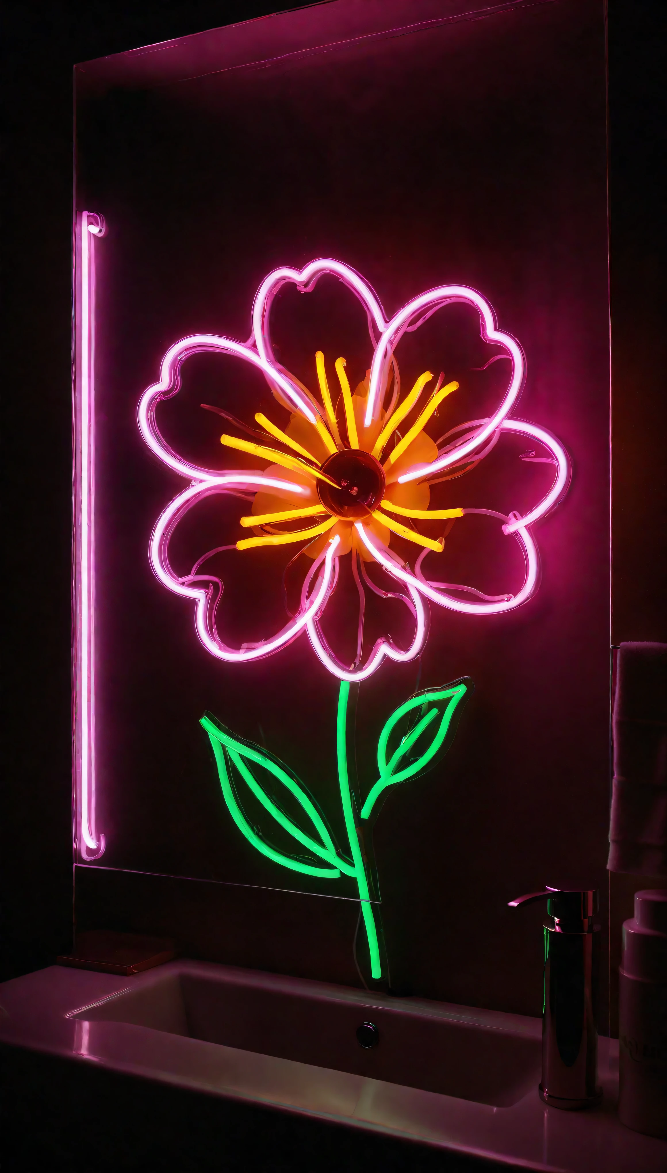 ((Masterpiece in maximum 16K resolution):1.6),((soft_color_photograpy:)1.5), ((Ultra-Detailed):1.4),((Movie-like still images and dynamic angles):1.3). | (Macro shot cinematic photo of a neon sign lamp in a fancy bathroom mirror), ((flower neon sign):1.5), (dim background), (macro lens), (illuminate), (luminous object), (fancy bathroom), (shimmer), (aromatic flowers), (visual experience),(Realism), (Realistic),award-winning graphics, dark shot, film grain, extremely detailed, Digital Art, rtx, Unreal Engine, scene concept anti glare effect, All captured with sharp focus. | Rendered in ultra-high definition with UHD and retina quality, this masterpiece ensures anatomical correctness and textured skin with super detail. With a focus on high quality and accuracy, this award-winning portrayal captures every nuance in stunning 16k resolution, immersing viewers in its lifelike depiction. | ((perfect_composition, perfect_design, perfect_layout, perfect_detail, ultra_detailed)), ((enhance_all, fix_everything)), More Detail, Enhance.