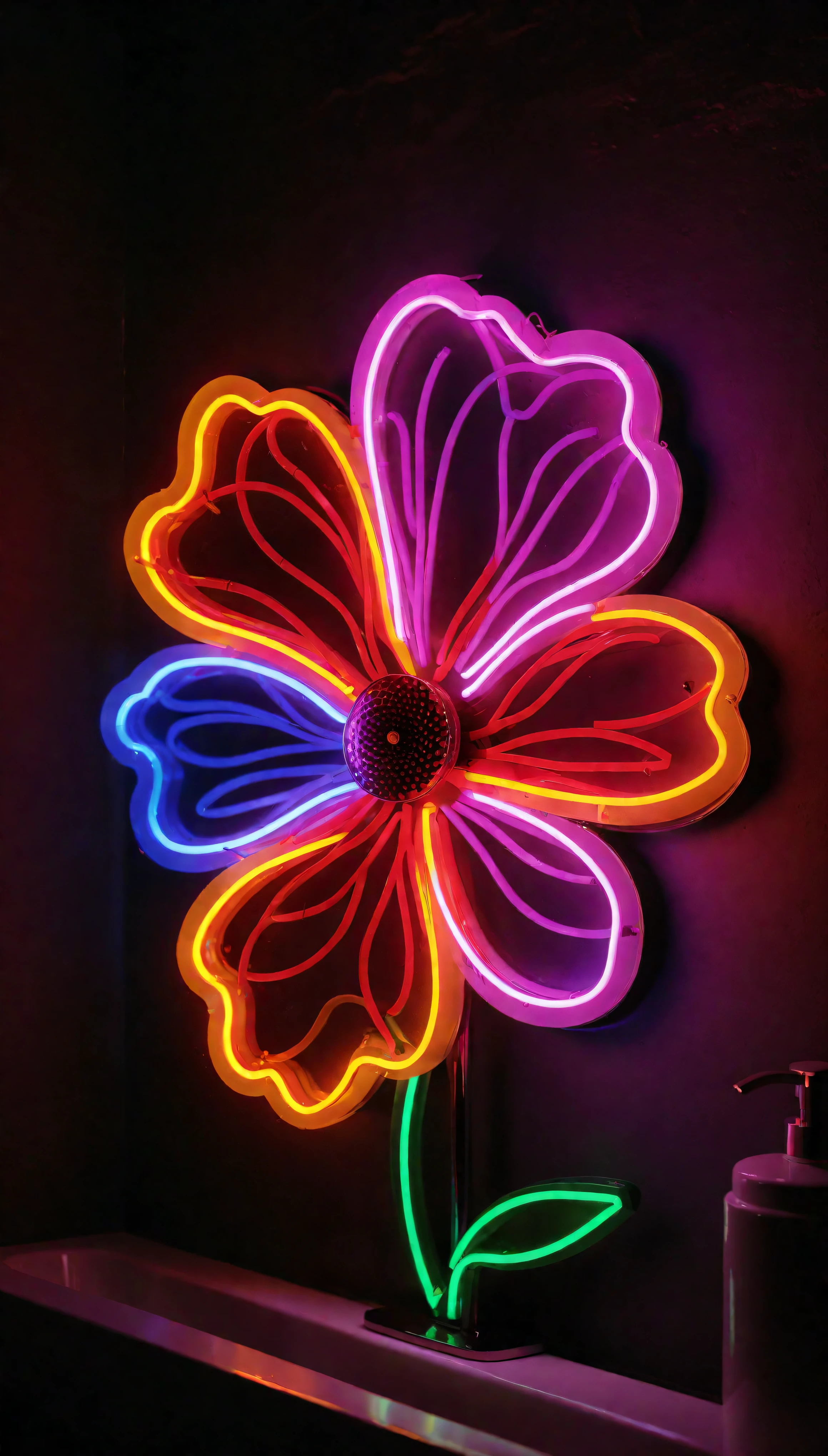 ((Masterpiece in maximum 16K resolution):1.6),((soft_color_photograpy:)1.5), ((Ultra-Detailed):1.4),((Movie-like still images and dynamic angles):1.3). | (Macro shot cinematic photo of a neon sign lamp in a fancy bathroom mirror), ((flower neon sign):1.5), (dim background), (macro lens), (illuminate), (luminous object), (fancy bathroom), (shimmer), (aromatic flowers), (visual experience),(Realism), (Realistic),award-winning graphics, dark shot, film grain, extremely detailed, Digital Art, rtx, Unreal Engine, scene concept anti glare effect, All captured with sharp focus. | Rendered in ultra-high definition with UHD and retina quality, this masterpiece ensures anatomical correctness and textured skin with super detail. With a focus on high quality and accuracy, this award-winning portrayal captures every nuance in stunning 16k resolution, immersing viewers in its lifelike depiction. | ((perfect_composition, perfect_design, perfect_layout, perfect_detail, ultra_detailed)), ((enhance_all, fix_everything)), More Detail, Enhance.